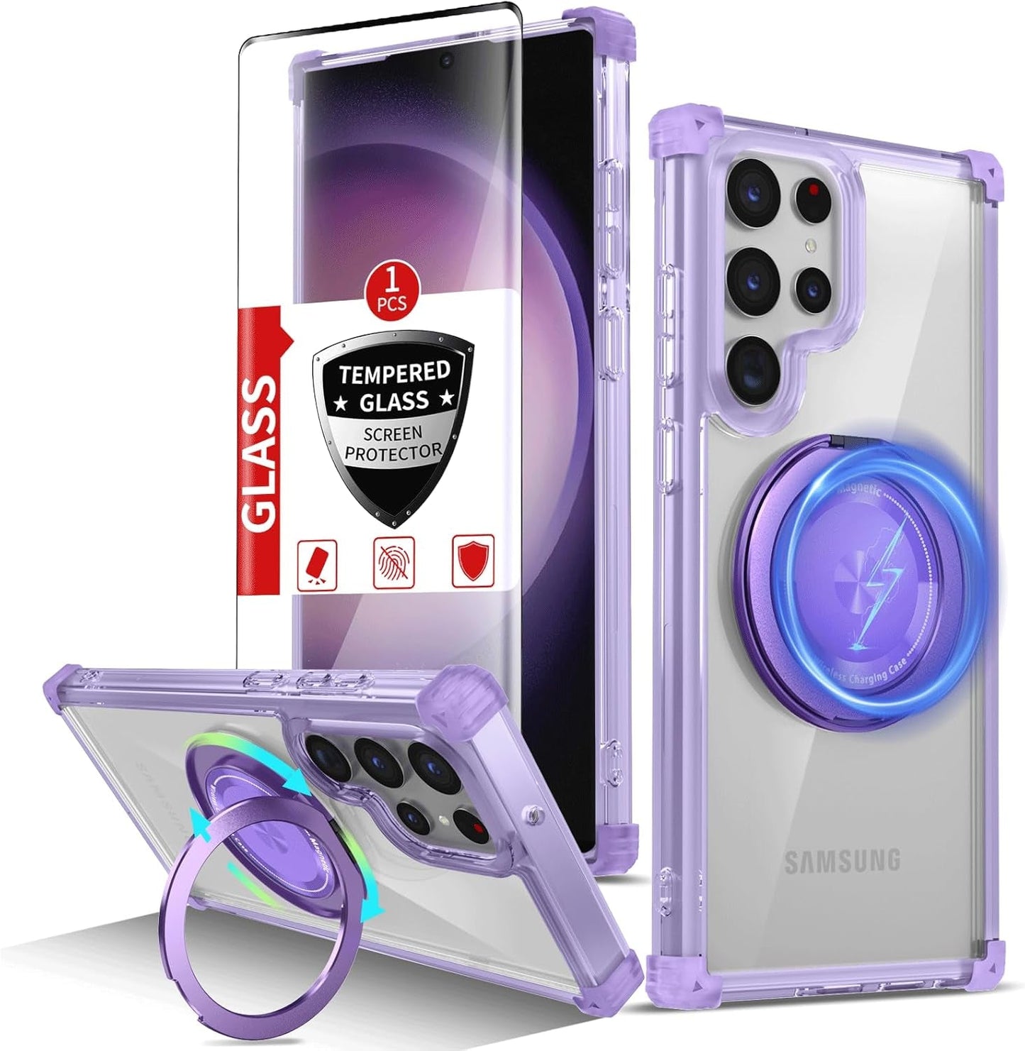 For Samsung Galaxy S22 Ultra Case Magnetic Compatible with Magsafe Galaxy S22Ultra Case with Glass Screen Protector,With Kickstand Military Grade Drop Protection Shockproof S22Ultra Case Clear