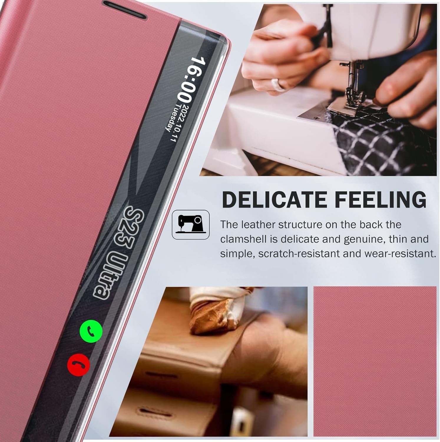 For Samsung Galaxy S22 Ultra 5G Case View Clear Window Leather for Samsung S22 Ultra Case Slim Mirror Hard PC Kickstand Luxury Flip Shockproof Galaxy S22 Ultra Cover Protective (Pink)