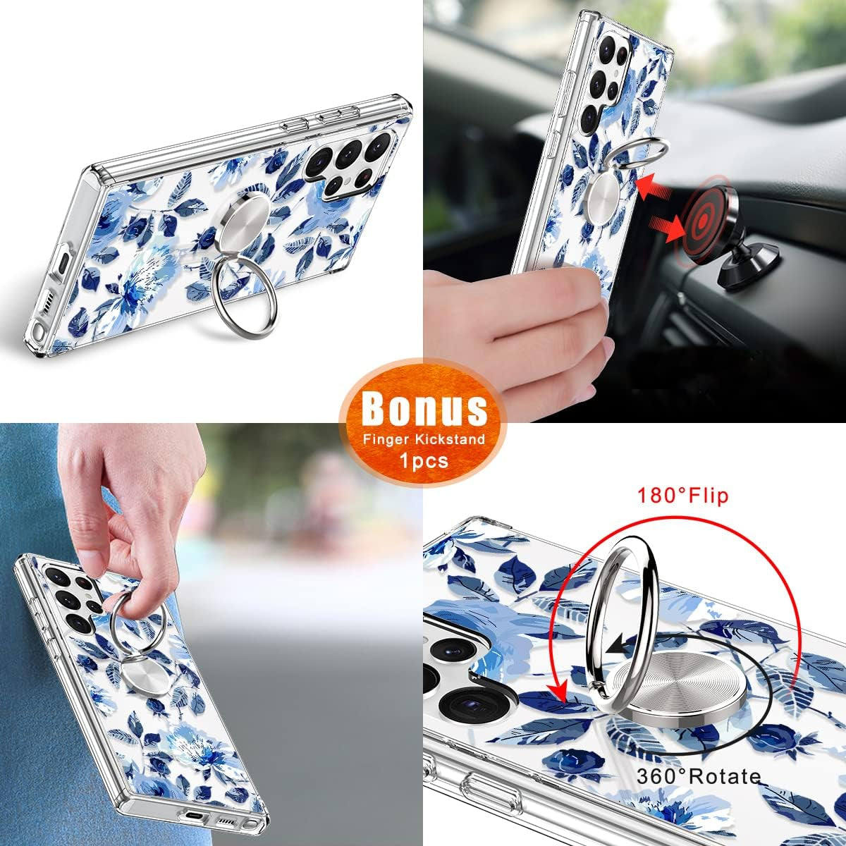 Giika for Galaxy S22 Ultra Case, Clear Girls Women Heavy Duty Shockproof Protective Hard Phone Cover Case for Samsung Galaxy S22 Ultra, Blue Flowers