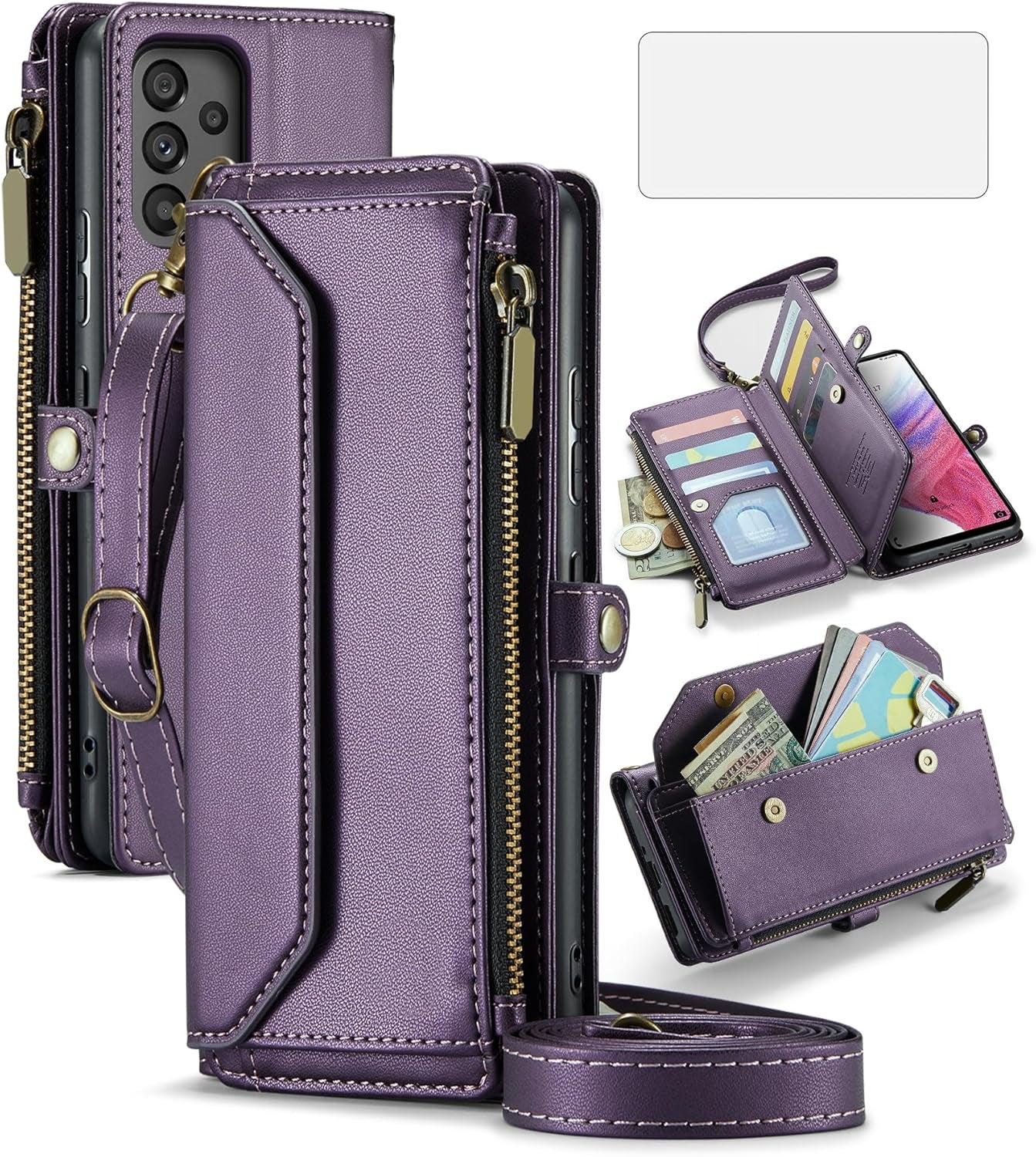 Asuwish Phone Case for Samsung Galaxy A53 5G Zipper Wallet Cover with Tempered Glass Screen Protector and Flip RFID Blocking Credit Card Holder Cell a 53 G5 53A SM A536U 6.5" 2022 Women Girls Wine Red