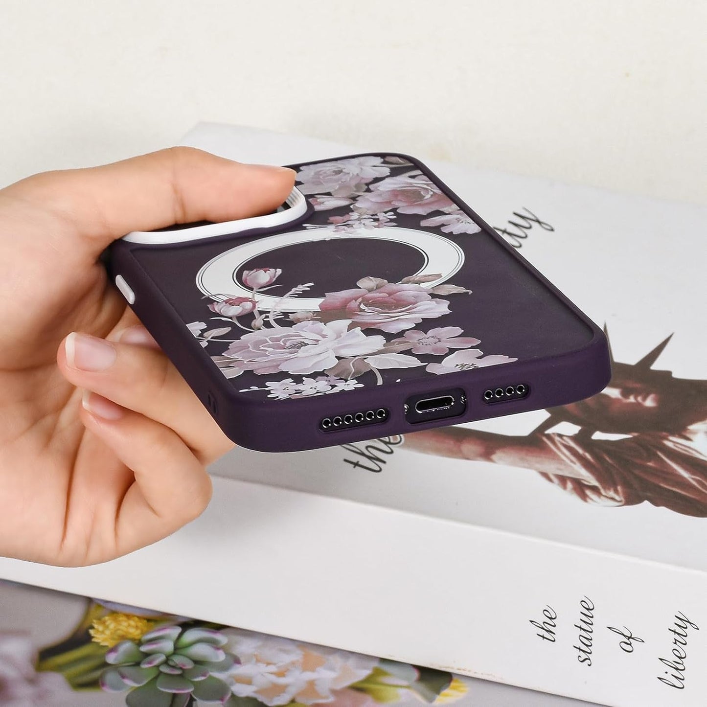 Eiyikof Compatible with Iphone 15 Pro Magnetic Matte Translucent Case [Luxury Shockproof Magsafe Case] [Cute Flower Pattern Hard Back Cover] Iphone 15 Pro Case for Women Girls-Purple Floral  Eiyikof   