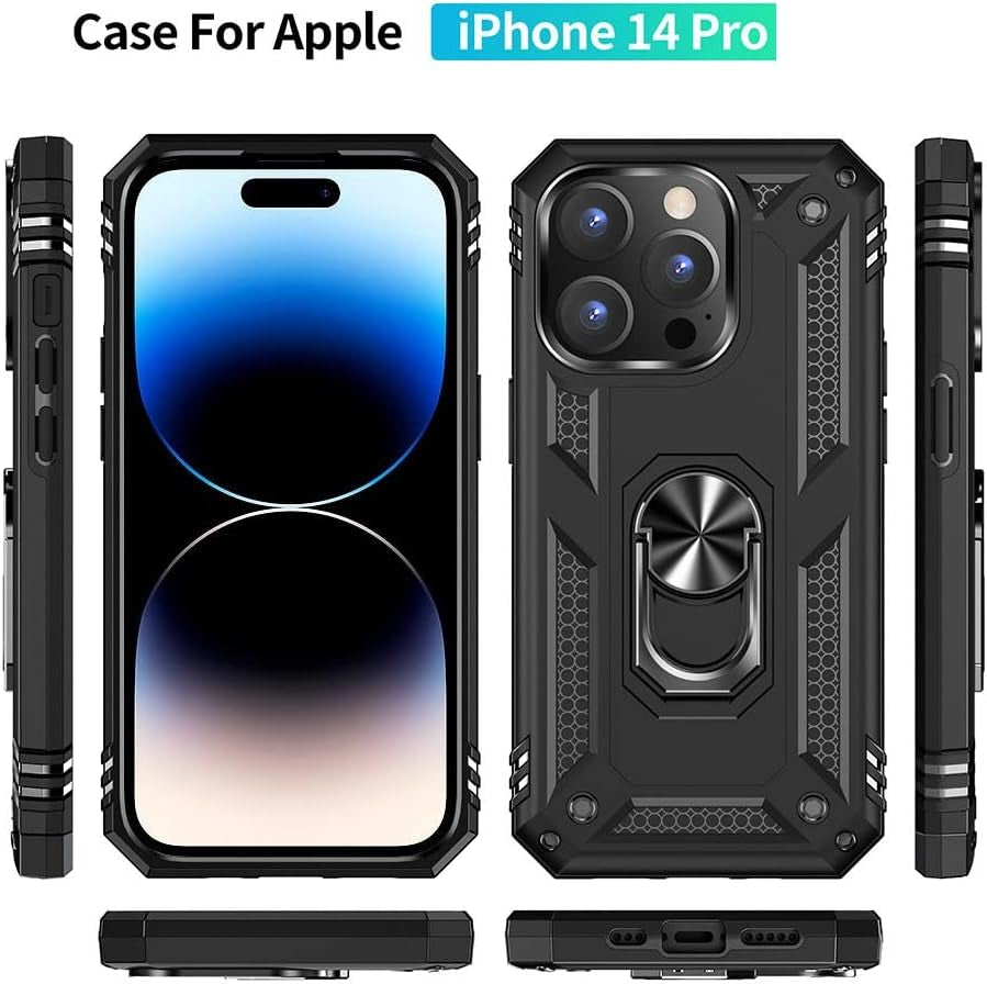 Aozuoton for Iphone 14 Pro Case, Iphone 14 Pro Phone Case with HD Screen Protector, [Military Grade 16Ft. Drop Tested] Ring Shockproof Protective Phone Case for Iphone 14 Pro,Black  Yanmen   