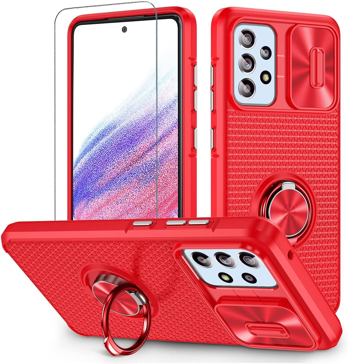 Design for Samsung Galaxy A53 5G Phone Case with Screen Protector + Slide Camera Protection Cover + Ring Holder Stand, Built-In Magnetic Kickstand Shockproof Protective Phone Cases for Women Men Blue