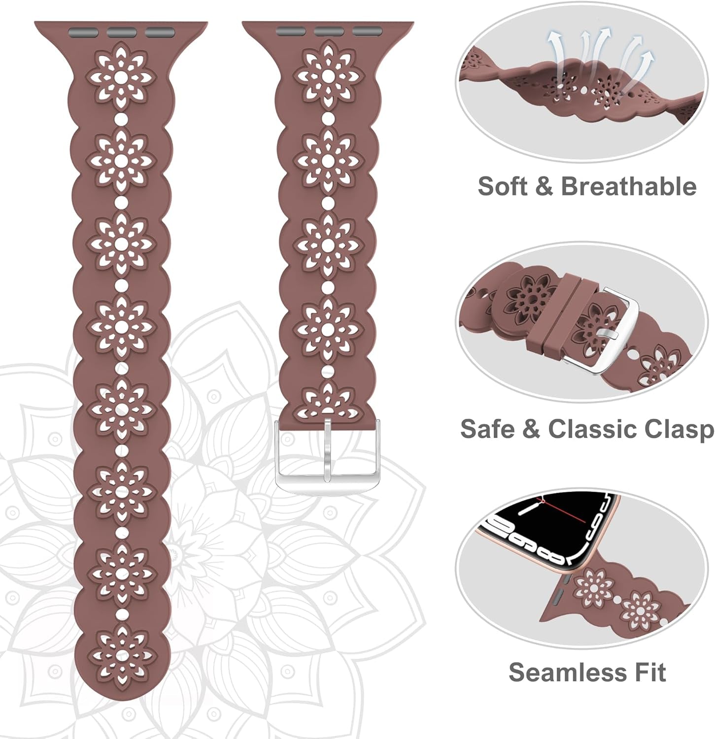 4 Pack Slim Silicone Bands Compatible with Apple Watch Band 40Mm 38Mm 41Mm 44Mm 45Mm 42Mm 49Mm Women Men, Lace Breathable Sport Strap for Iwatch Bands SE Series 9/8/7/6/5/4/3/2/1 Ultra 2/1