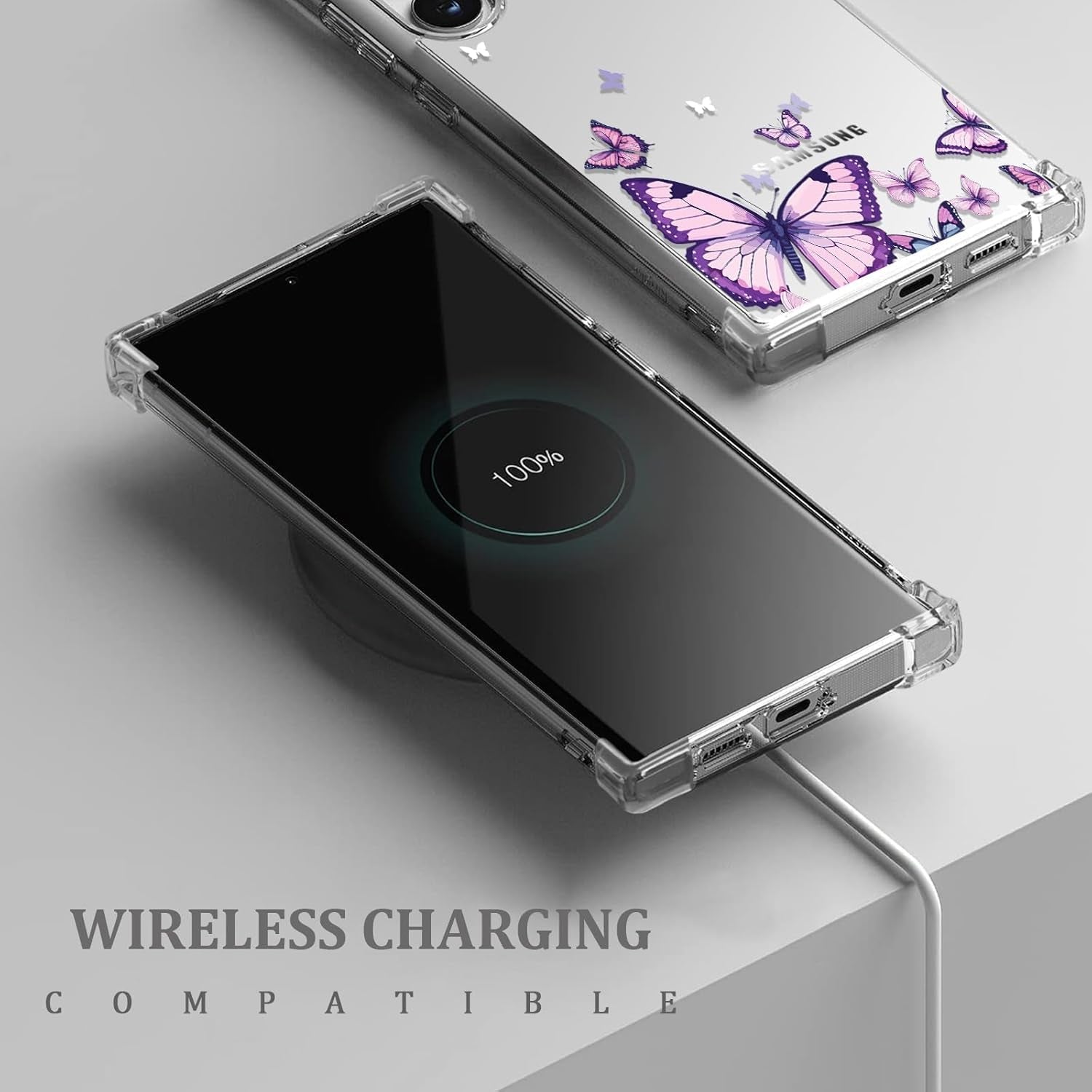 For Samsung Galaxy S22 Ultra Case,Alluring Purple Butterfly Pattern anti Yellowing Slim Hard Cases,Hard PC + TPU Bumper Clear Shockproof Protective Women Phone Cover - Purple