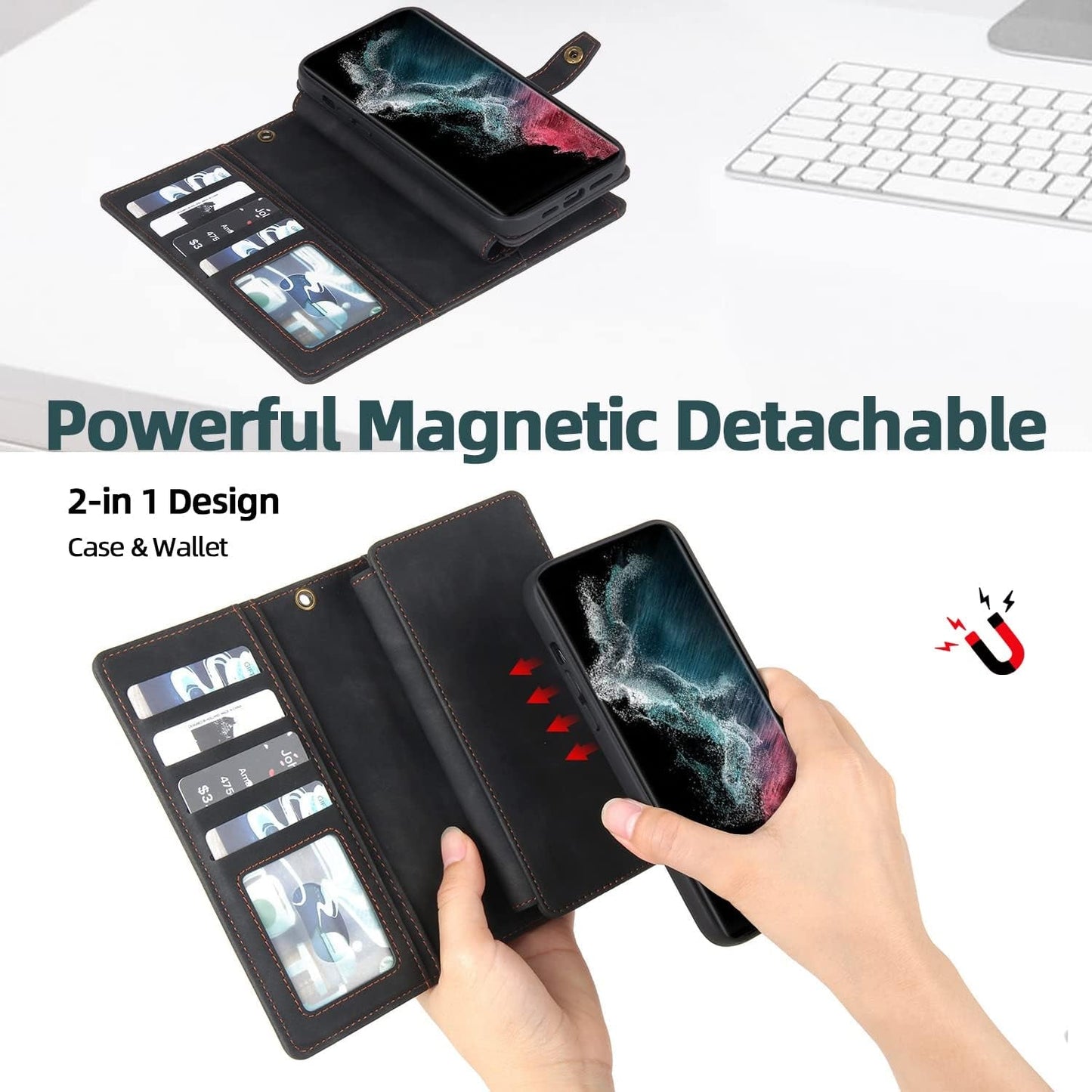 For Samsung Galaxy S22 Ultra Wallet Case with Card Holder & Detachable Magnetic Phone Case, Leather All-Round Protection Wallet Phone Case for Women Men,6.8In,Black