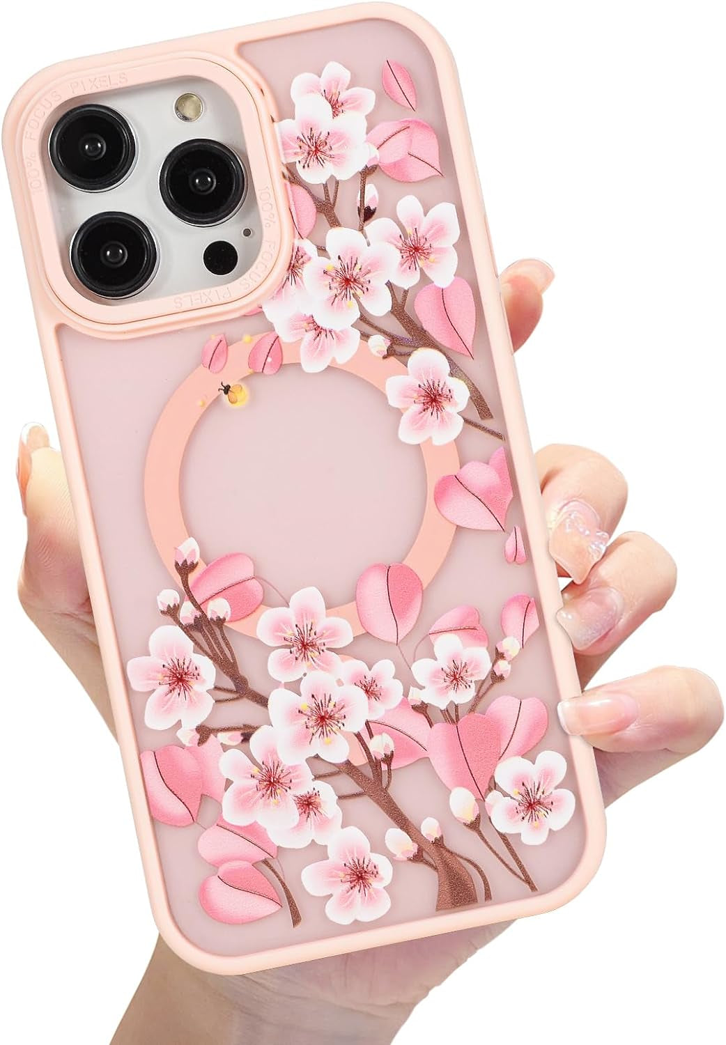 Eiyikof Compatible with Iphone 15 Pro Magnetic Matte Translucent Case [Luxury Shockproof Magsafe Case] [Cute Flower Pattern Hard Back Cover] Iphone 15 Pro Case for Women Girls-Purple Floral  Eiyikof Pink Iphone 15 Pro Max 