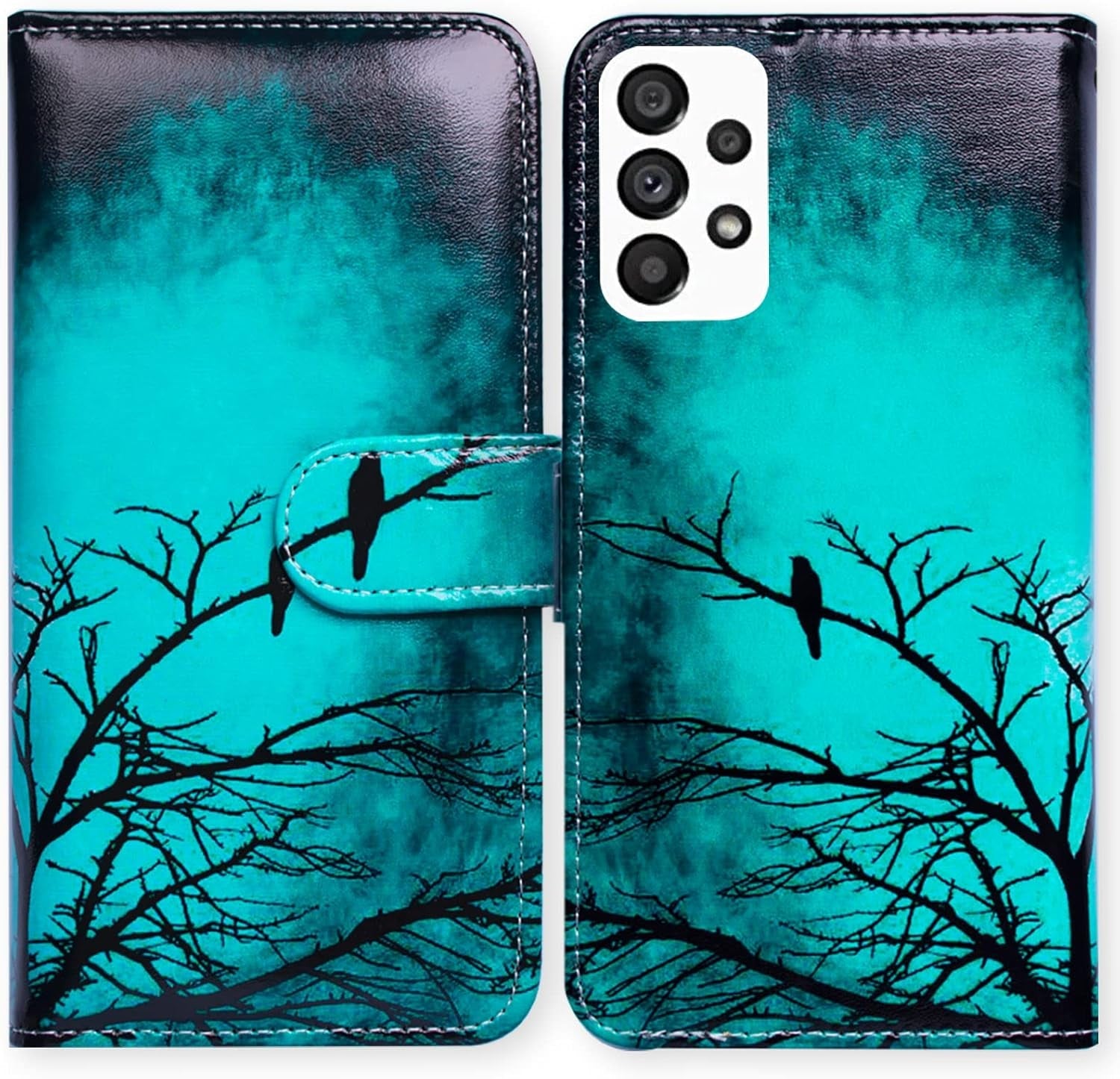 Bcov Galaxy A53 Case, Black Bird Green Leather Flip Phone Case Wallet Cover with Card Slot Holder Kickstand for Samsung Galaxy A53 5G