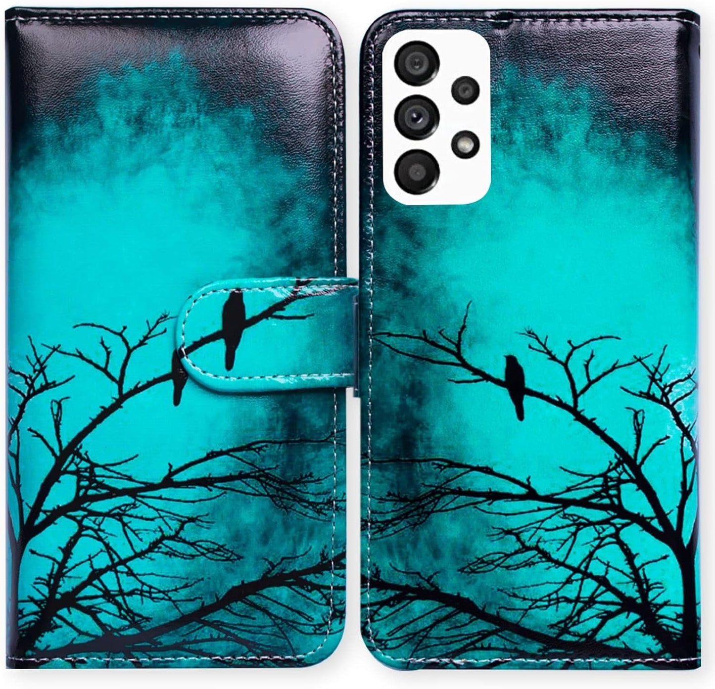 Bcov Galaxy A53 Case, Black Bird Green Leather Flip Phone Case Wallet Cover with Card Slot Holder Kickstand for Samsung Galaxy A53 5G