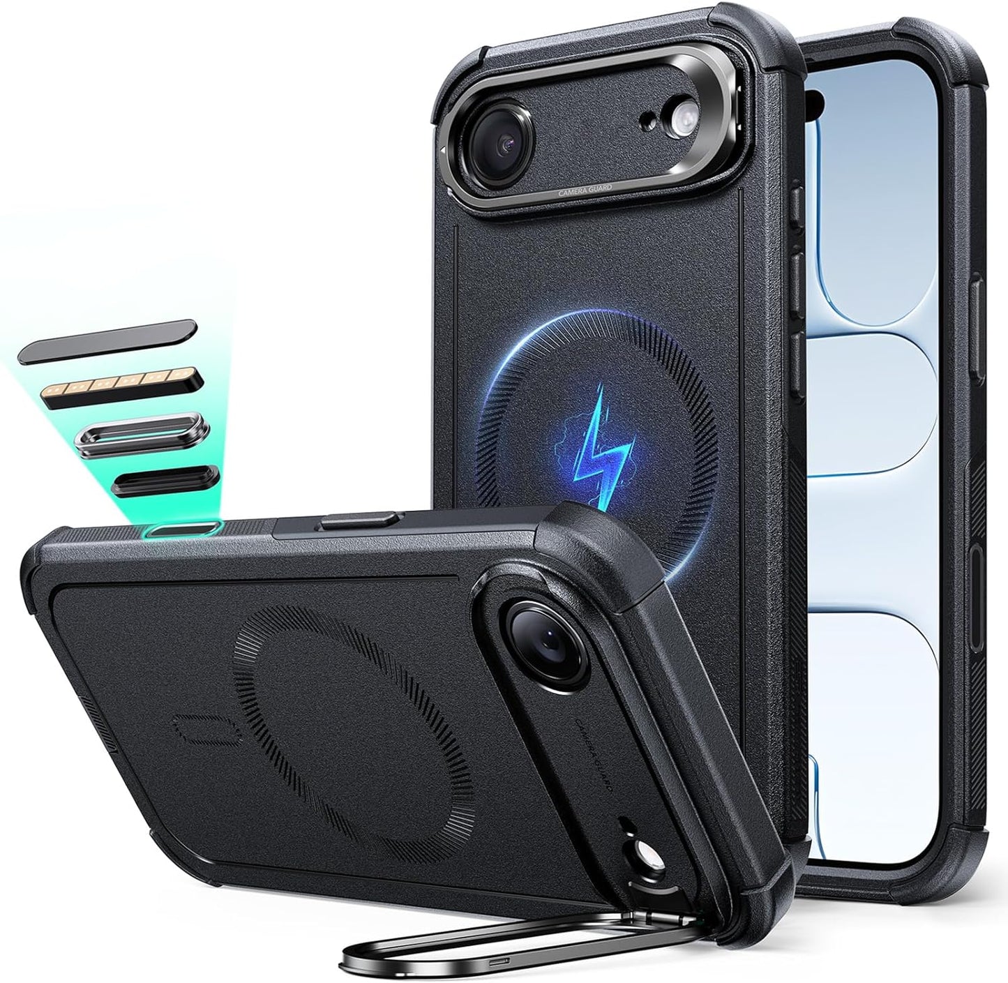 ESR for Iphone 17 Pro Case with Stash Stand, 7X Military-Grade Drop Protection with Camera Control, Shock-Absorbing Phone Rugged Cover, Compatible with Magsafe Accessories, Cyber Series, Black