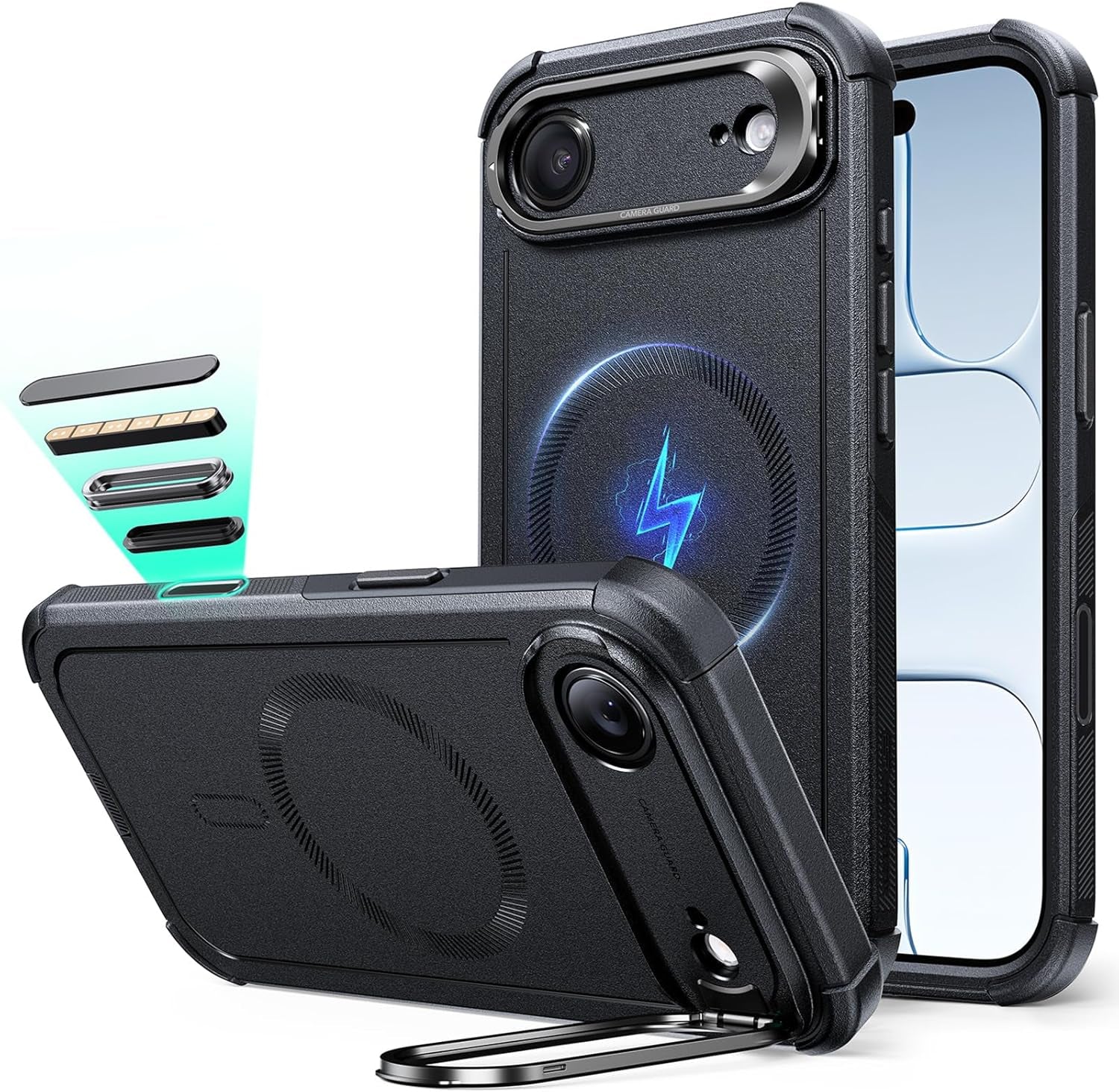 ESR for Iphone 17 Pro Case with Stash Stand, 7X Military-Grade Drop Protection with Camera Control, Shock-Absorbing Phone Rugged Cover, Compatible with Magsafe Accessories, Cyber Series, Black