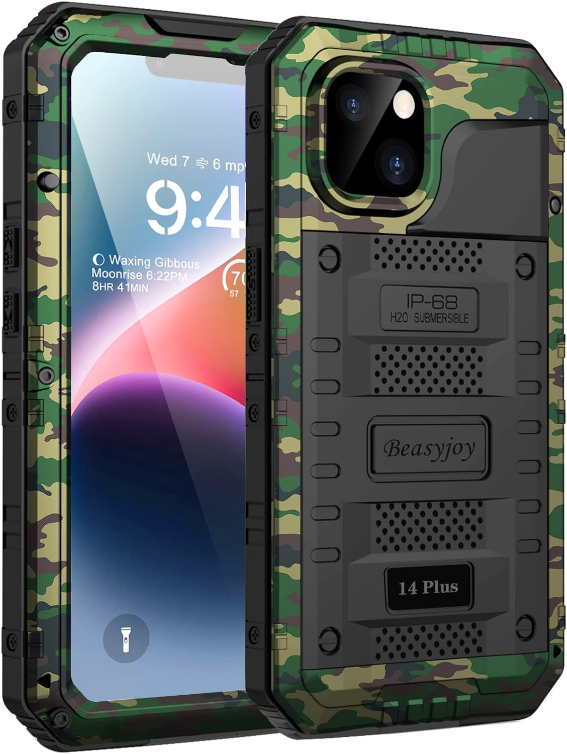 Beasyjoy Waterproof Case for Iphone 14 Pro, Metal Full Body Sealed Phone Case with Built-In Screen Protector, Military Grade Heavy Duty Defender Armor Shockproof Rugged Case 6.1 Inch, Camo  Beasyjoy   