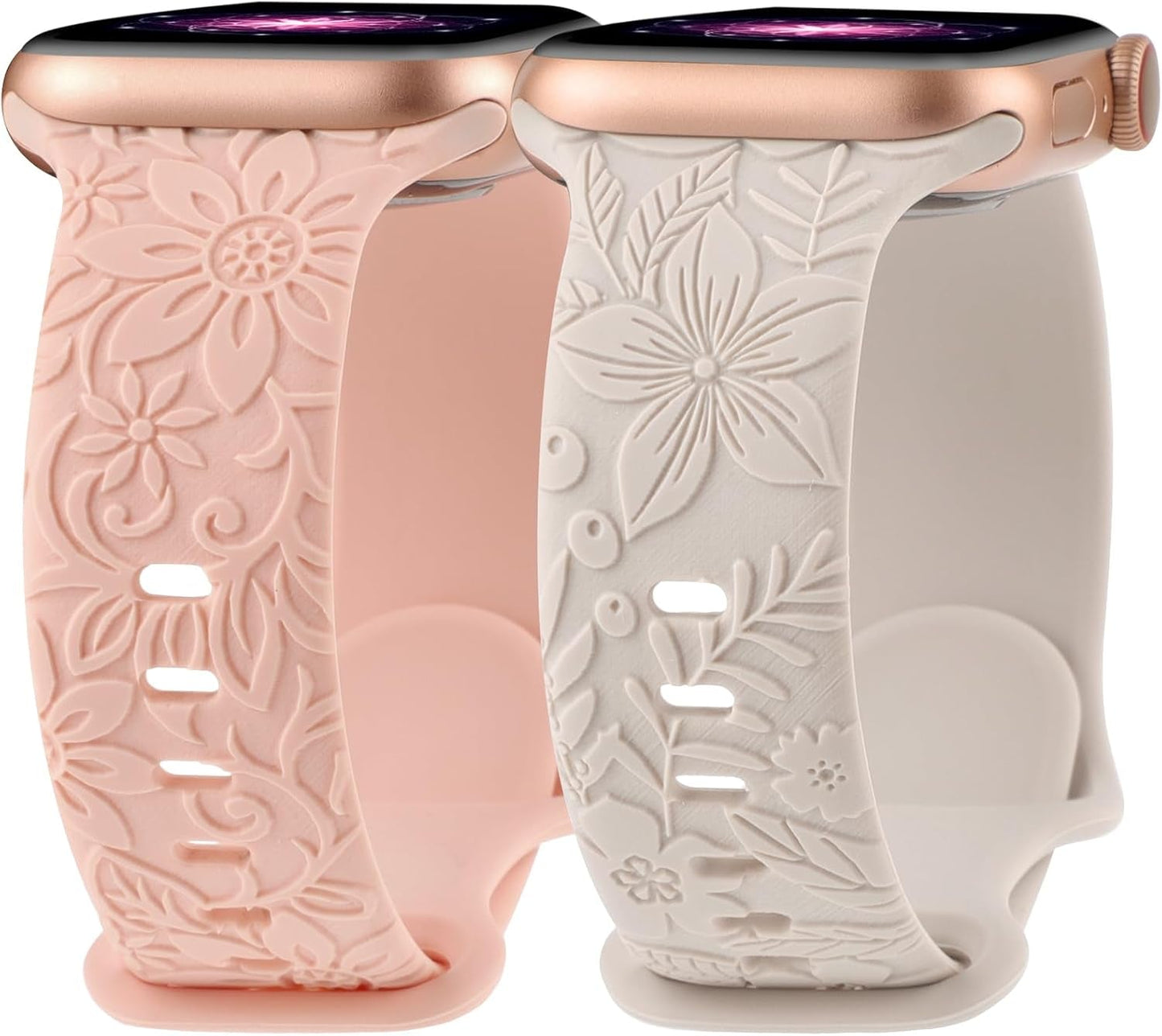 Floral Engraved Band Compatible with Apple Watch Bands 40Mm 41Mm 38Mm 42Mm 44Mm 45Mm 49Mm Women, Cute Soft Flower Silicone Designer Sport Strap for Iwatch Ultra 2 SE Series 9 8 7 6 5 4 3 2 1