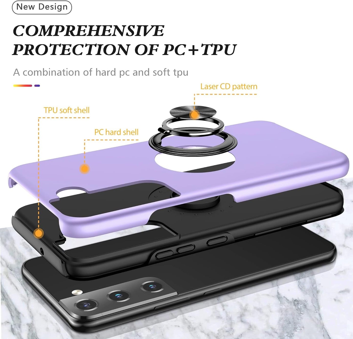 For Samsung Galaxy S22 Case, S22 Case with Self Healing Flexible TPU Screen Protector [2 Pack],Military Grade Double Shockproof Invisible Kickstand Case for Galaxy S22 (Purple)