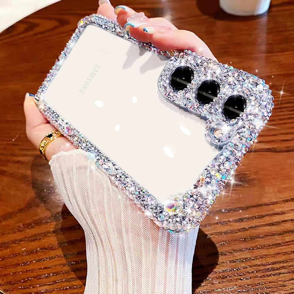 Cavdycidy Compatible with Samsung Galaxy S22 plus Bling Clear Case for Women,Glitter Phone Case with Sparkle Rhinestone Diamond Camera Protection，Airbag Anti-Fall Crystal Hard Cover for Girl