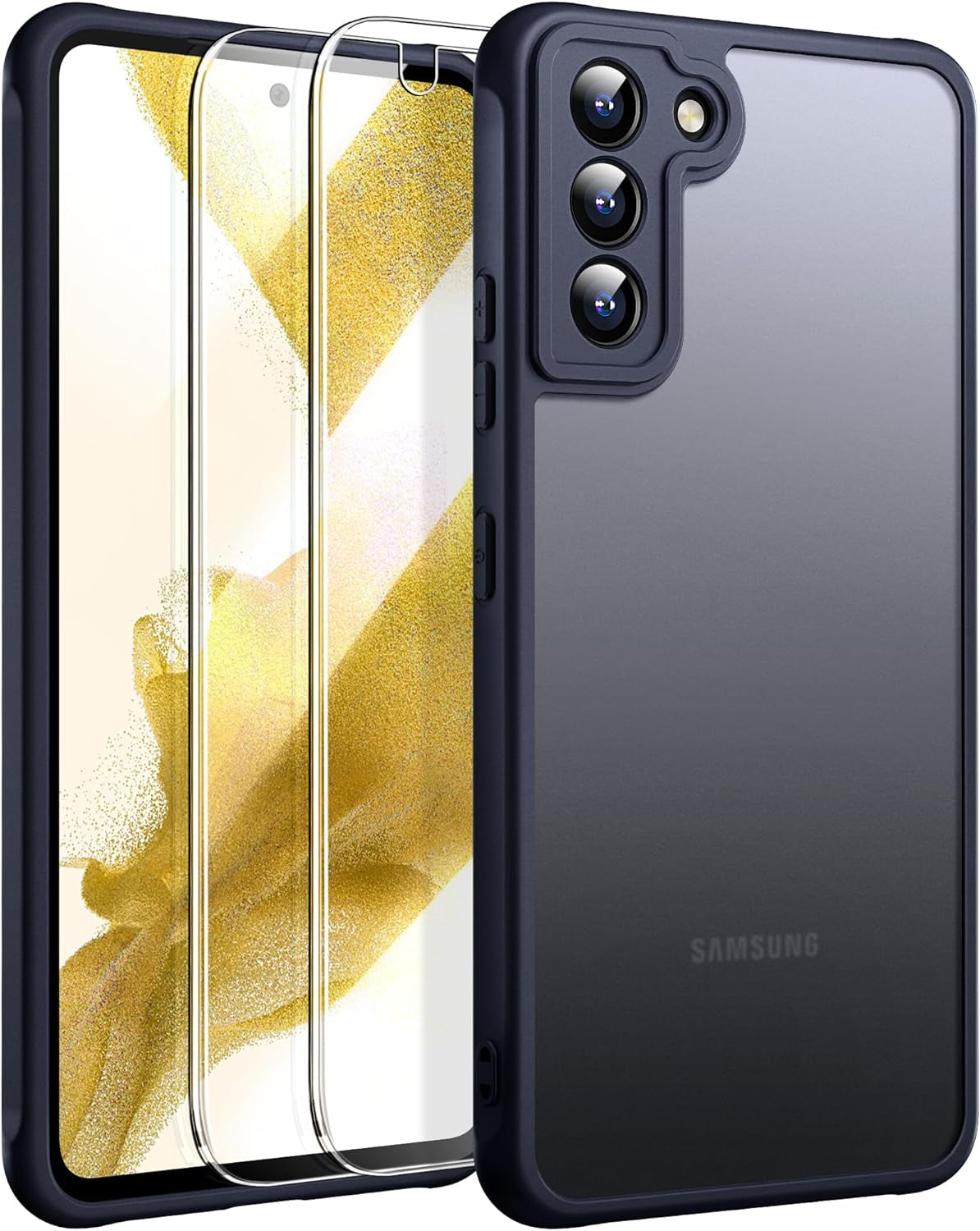 3 in 1 for Samsung Galaxy S22 Case, with 2 Pcs Tempered Glass Screen Protector, Reinforced Corners for Protection Shockproof Protective S22 Phone Case 6.1 Inch Black