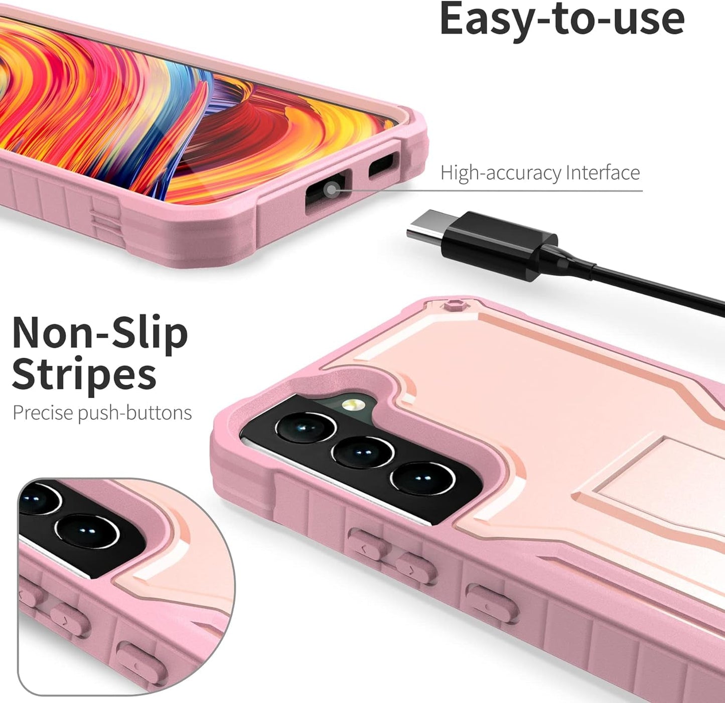 Exoguard for Samsung Galaxy S22 plus Case, Rubber Shockproof Heavy Duty Case with Screen Protector for Samsung S22 plus Phone, Built-In Kickstand (Pink)