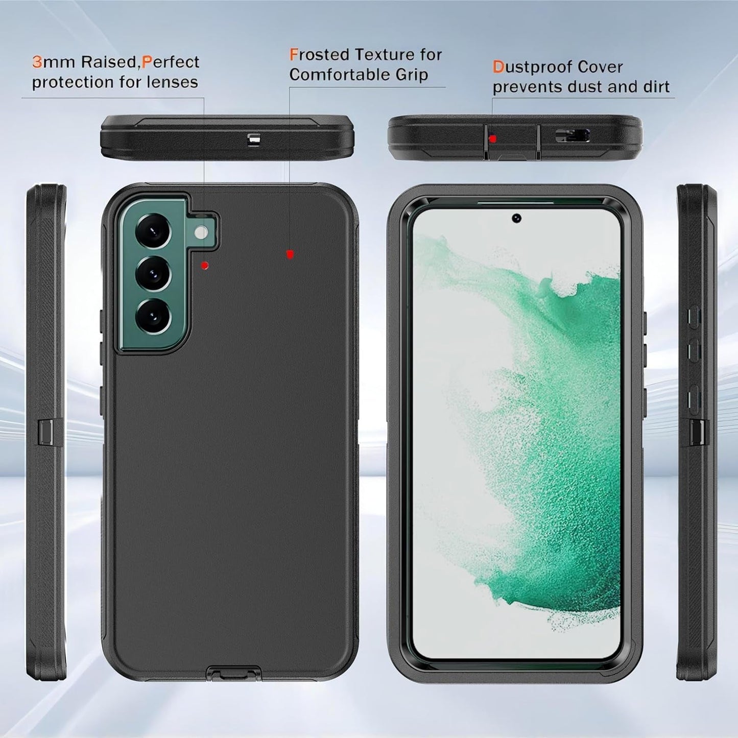 For Galaxy S22 plus Case with Soft TPU Film Screen Protector[2 Pack],3 in 1 Shockproof TPU Hard PC Bumper Drop-Proof Shell for Samsung Galaxy S22+Plus Black