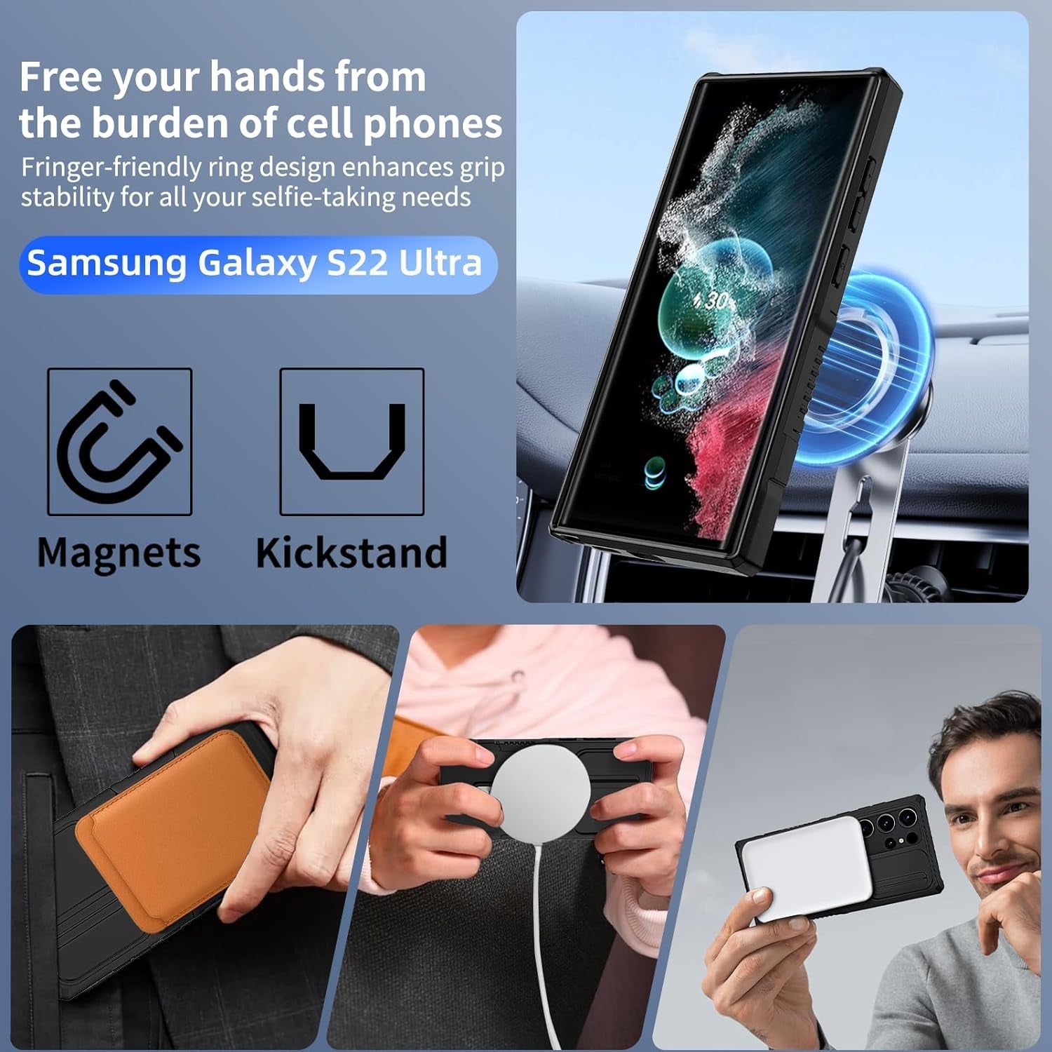 For Magnetic Samsung Galaxy S22 Ultra Case Compatible with Magsafe Galaxy S22 Ultra Case with Screen Protector,With Magnetic Stand&Camera Cover Protection Shockproof Galaxy S22Ultra Case Black