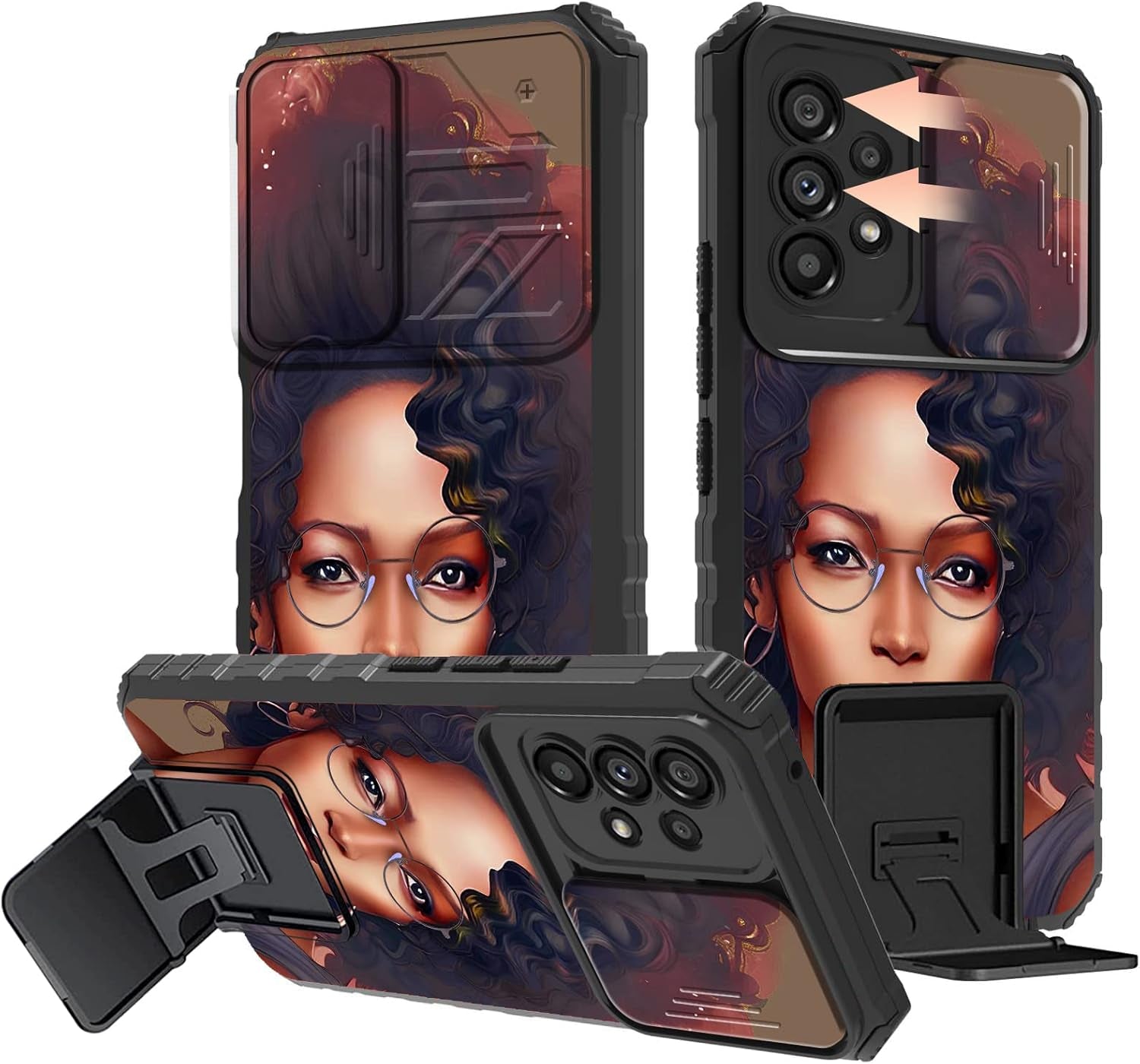 Galaxy A53 5G Phone Case with Slide Camera Cover Built-In Stand Kickstand Dual Layer Hybrid Shockproof Protective Case for Samsung Galaxy A53 5G, Retro Audio Cassette