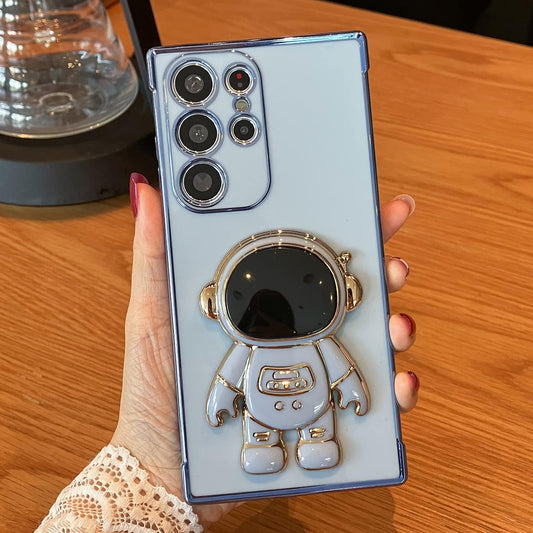 AIGOMARA 6D Plating Astronaut Hidden Stand Case Cover for Samsung Galaxy S23 Ultra 5G Women Astronaut Folding Bracket Kickstand Iphone Case with Camera Protector Soft TPU Shockproof Bumper - Blue