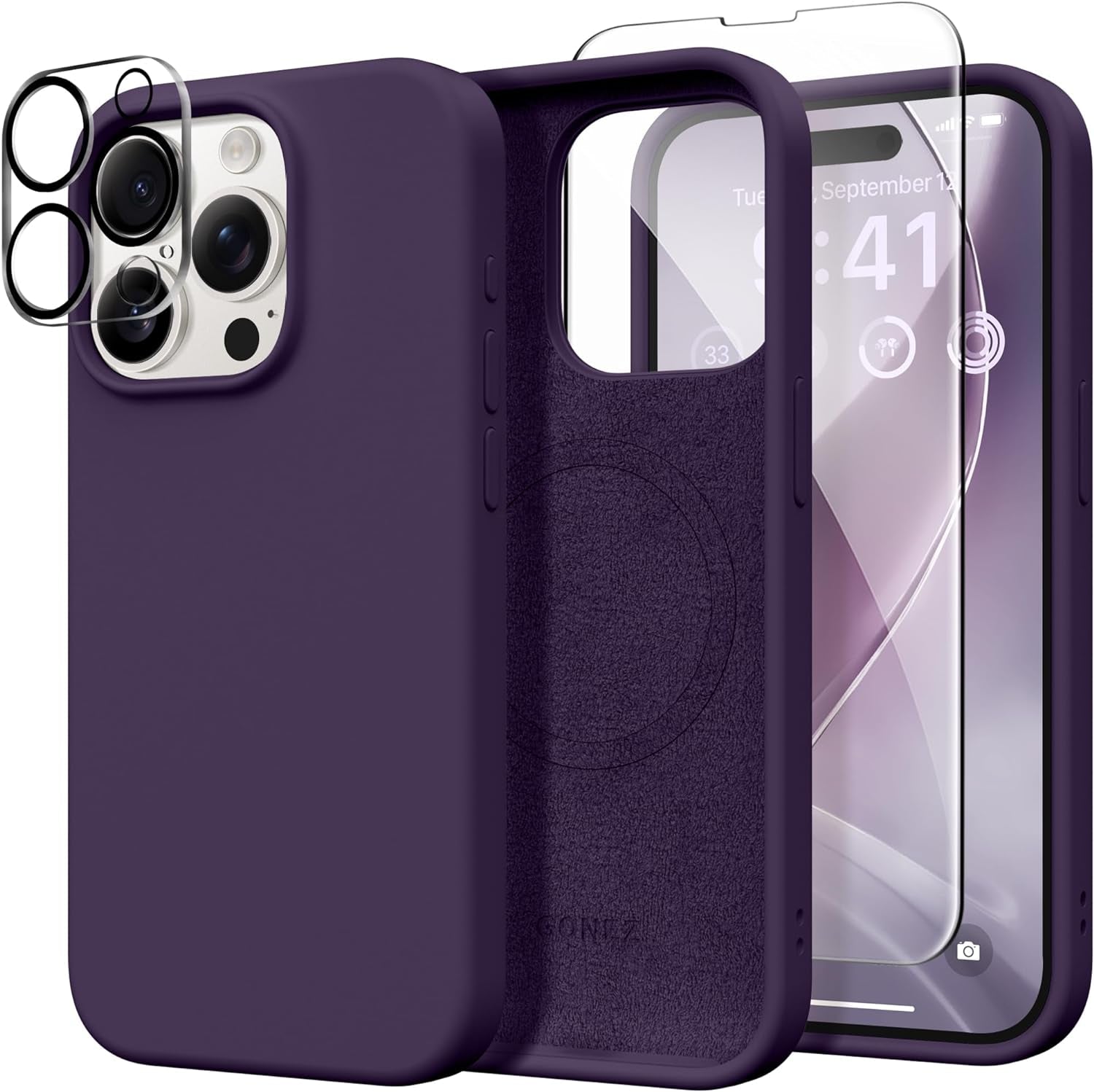 GONEZ for Iphone 15 Pro Case Compatible with Magsafe, [2X Screen Protector + 2X Camera Lens Protector], Soft Silicone Shockproof Anti-Scratch Full Body Protective Phone Case 6.1" 2023, Dark Grey  GONEZ Deep Purple  