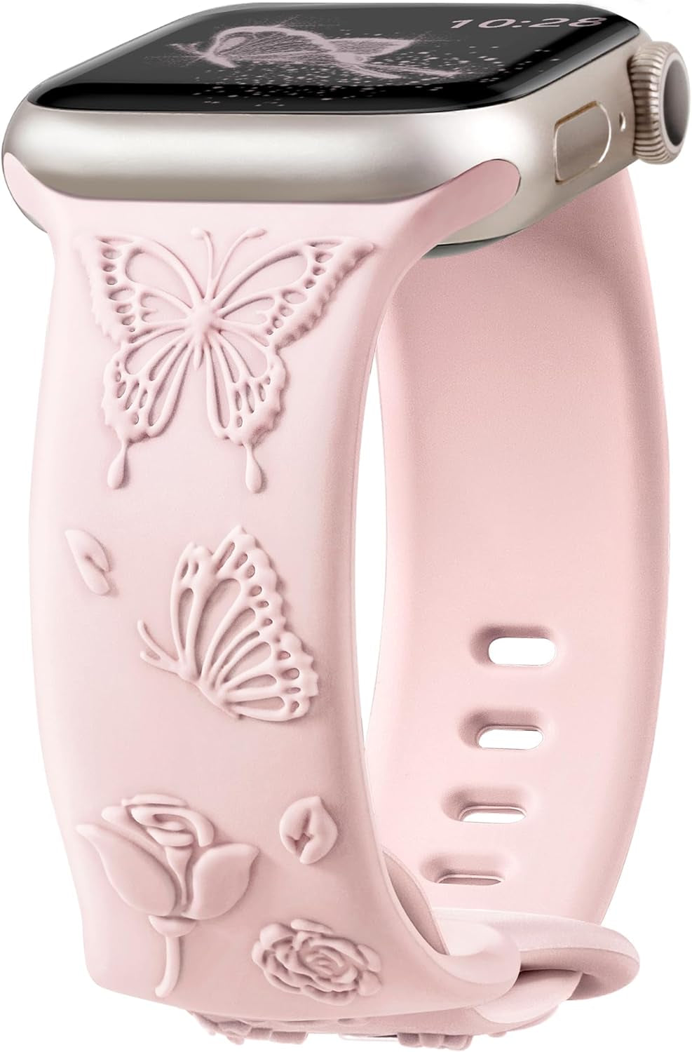 Floral Butterfly Engraved Band Compatible with Apple Watch Bands for Women 40Mm 41Mm 38Mm, Soft Silicone Sport Iwatch Bands for Apple Watch Series 9 Band SE Series 8 7 6 5 4 3 2 1-White
