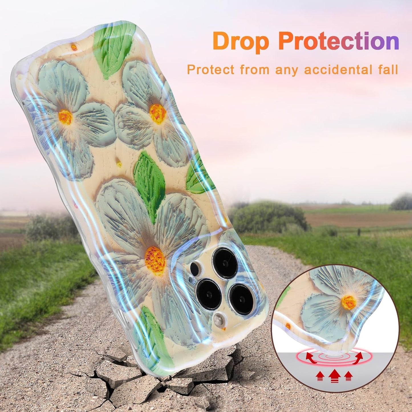 EYZUTAK Case for Iphone 14 Pro, Colorful Retro Oil Painting Flower Leaf Laser Glossy Pattern Cute Curly Wave Edge Exquisite Phone Cover Stylish Durable TPU Protective Case for Girls Women - Blue Green  EYZUTAK   