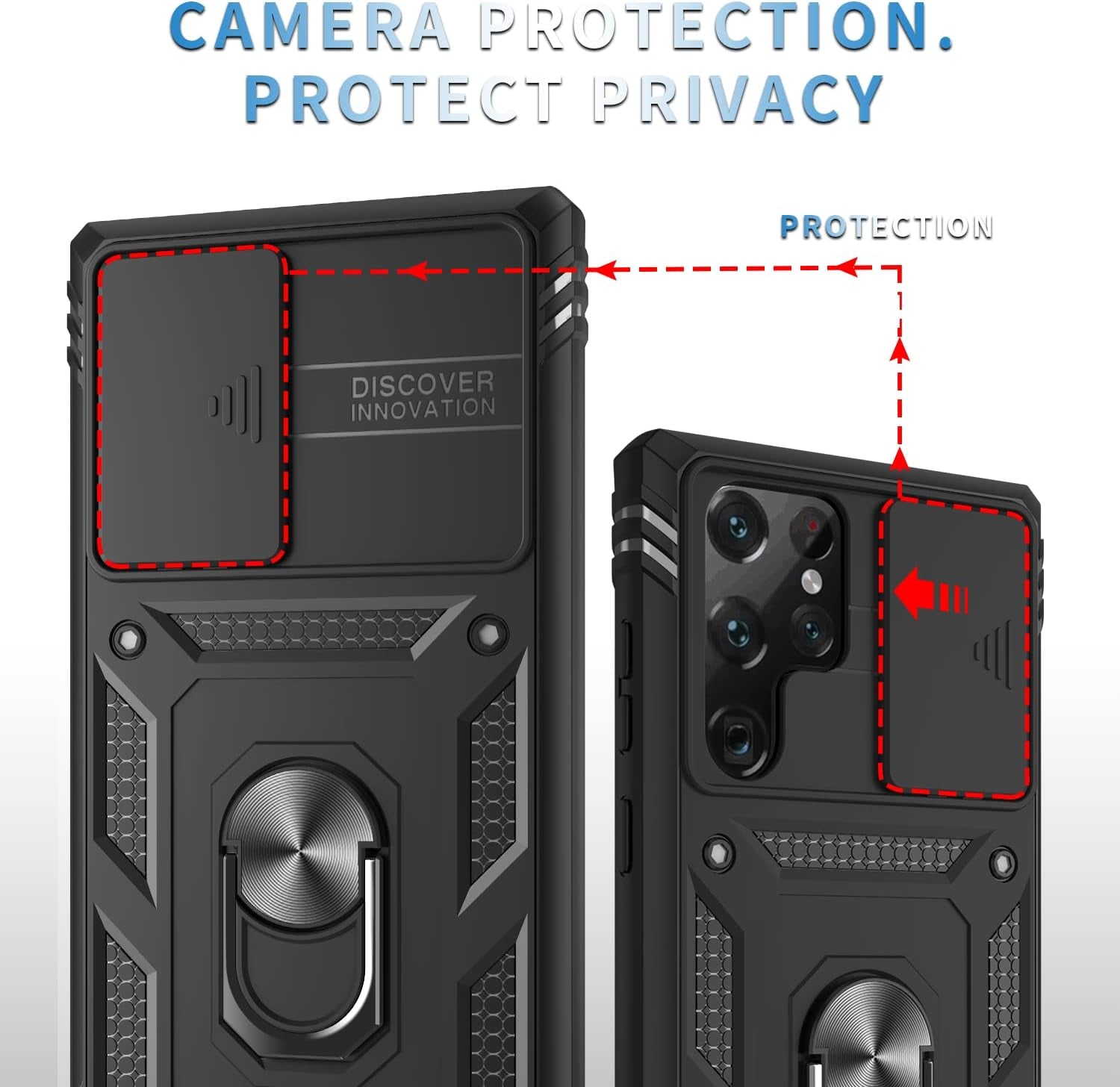 For Samsung Galaxy S22 Ultra Case with Slide Camera Cover & Screen Protector*2, S22 Ultra Case Build in 360° Rotating Ring Kickstand, Military Grade Protective Case for Galaxy S22 Ultra Case, Black