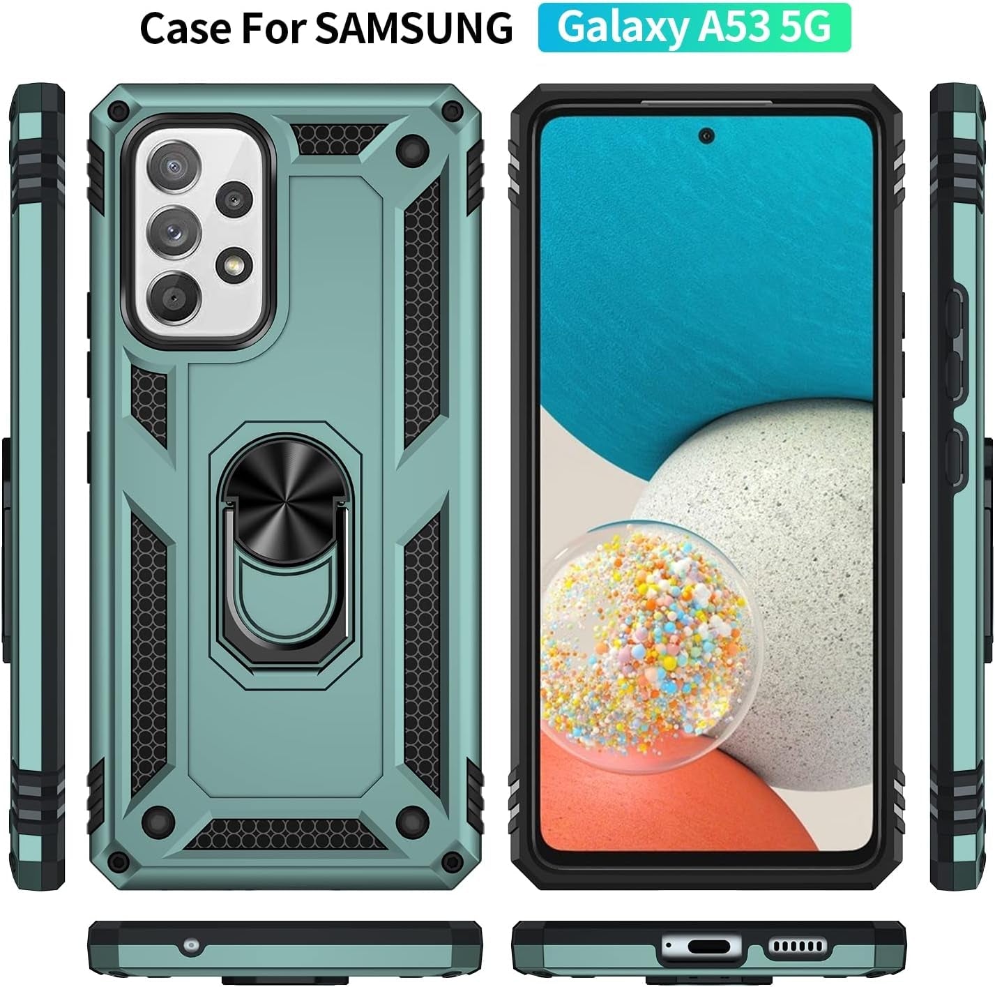 For Samsung Galaxy A53 5G Case with Screen Protector,Ring Kickstand Heavy Duty Protection Dual Layer Military Grade Drop Proof Protective Cover Hard Shell Phone Case for Samsung A53 5G (Green)