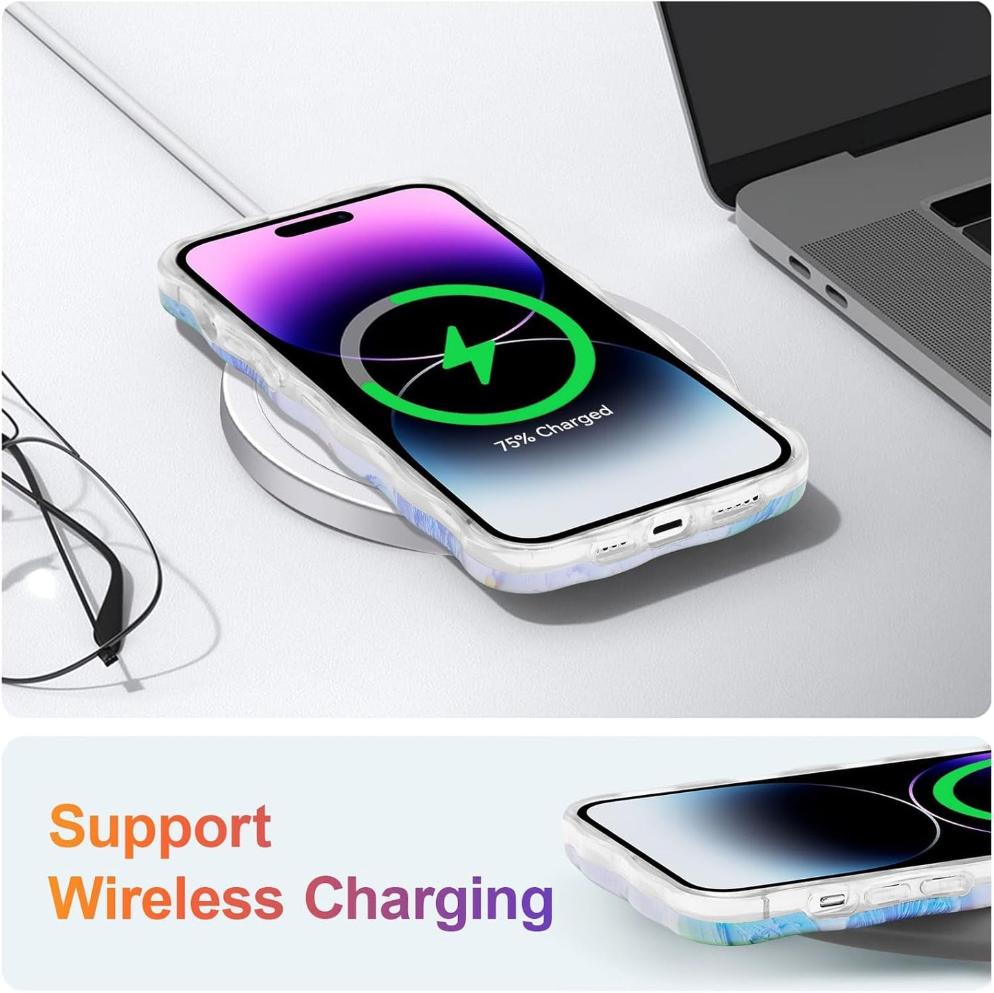 EYZUTAK Case for Iphone 14 Pro, Colorful Retro Oil Painting Flower Leaf Laser Glossy Pattern Cute Curly Wave Edge Exquisite Phone Cover Stylish Durable TPU Protective Case for Girls Women - Blue Green  EYZUTAK   