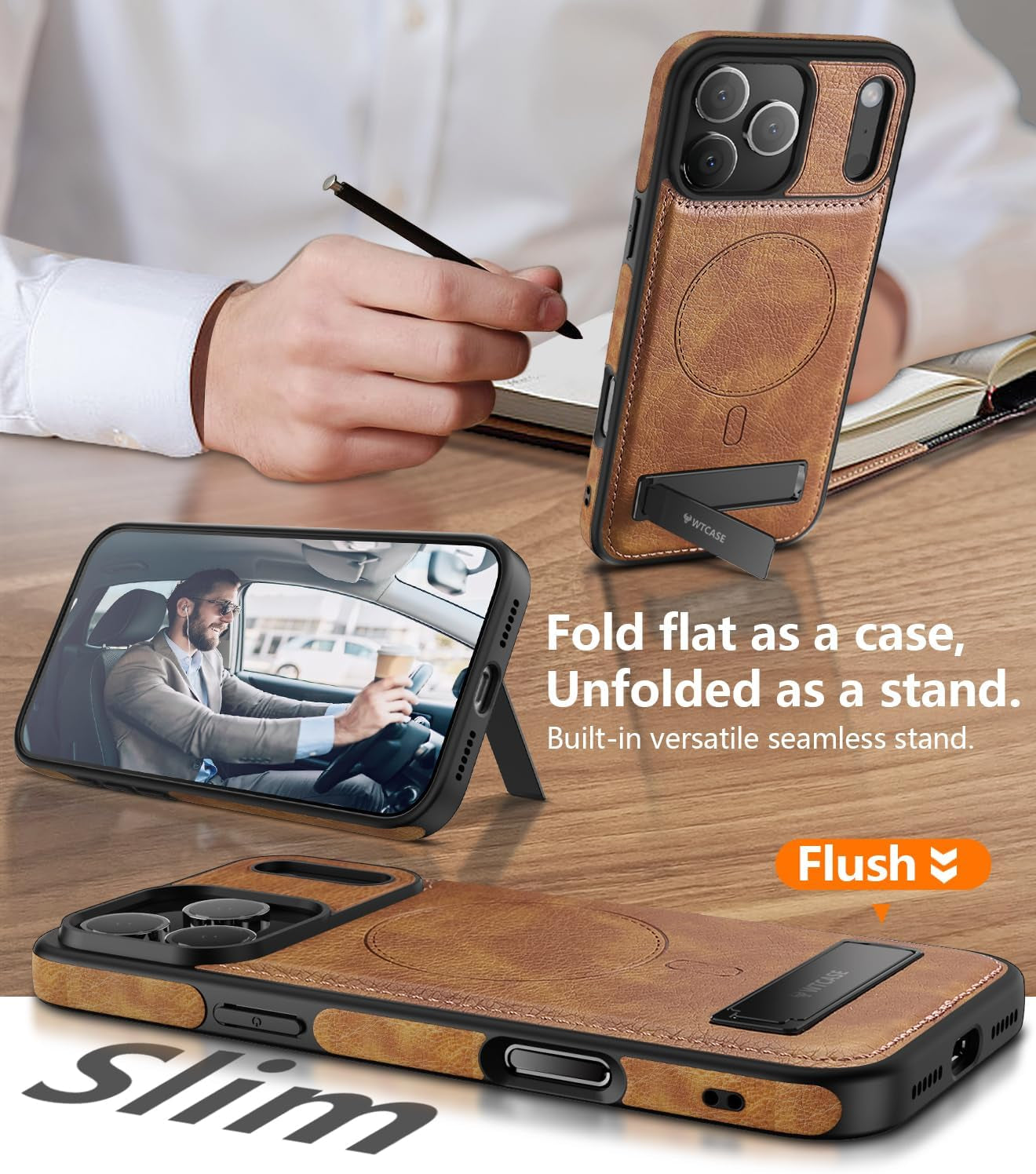 Magnetic for Iphone 17 Pro Max Leather Case,Built-In Invisible Stand [Compatible with Magsafe] Protective Slim Kickstand Phone Cover for Iphone 17 Pro Max,Brown