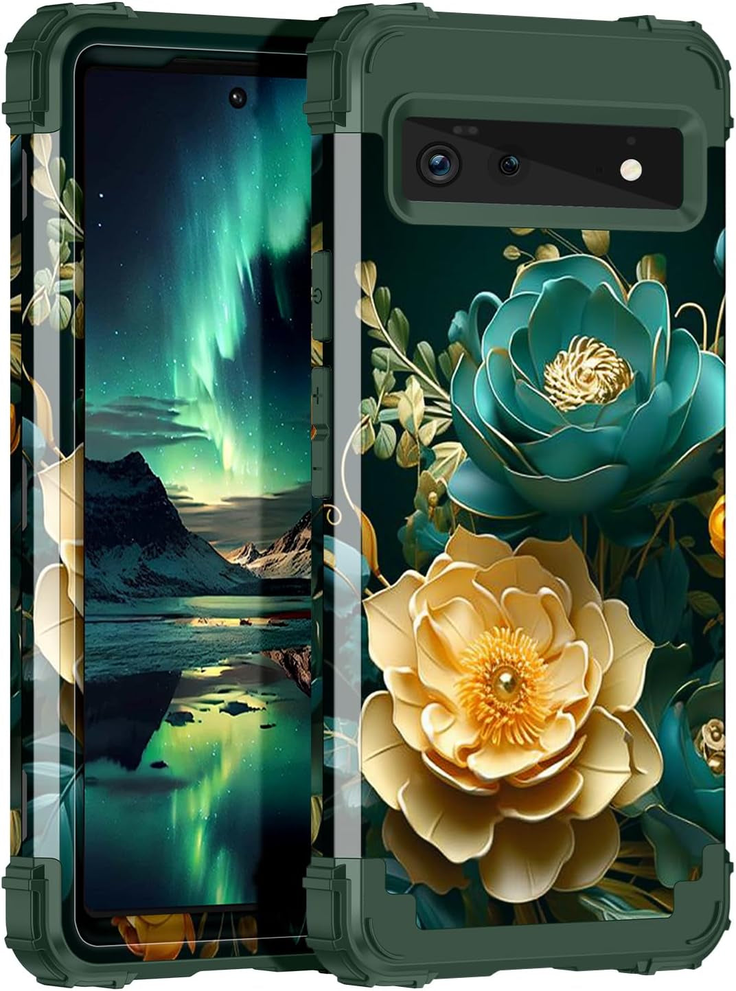 Hekodonk for Google Pixel 6 Case,Heavy Duty Shockproof Protection Hard Plastic+Silicone Rubber Hybrid 3 in 1 Drop Protective Case for Google Pixel 6 Black Flower  Hekodonk Metal Rose  