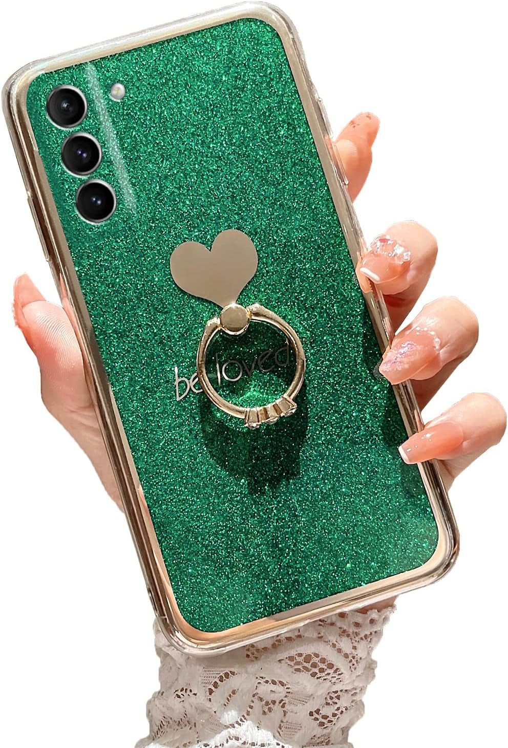For Samsung Galaxy S22 Ultra Case (6.8-Inch) with Ring Kickstand Girls Woman Cute Glitter Slim Soft Silicone Bumper Shockproof Drop Protective Cover - Green