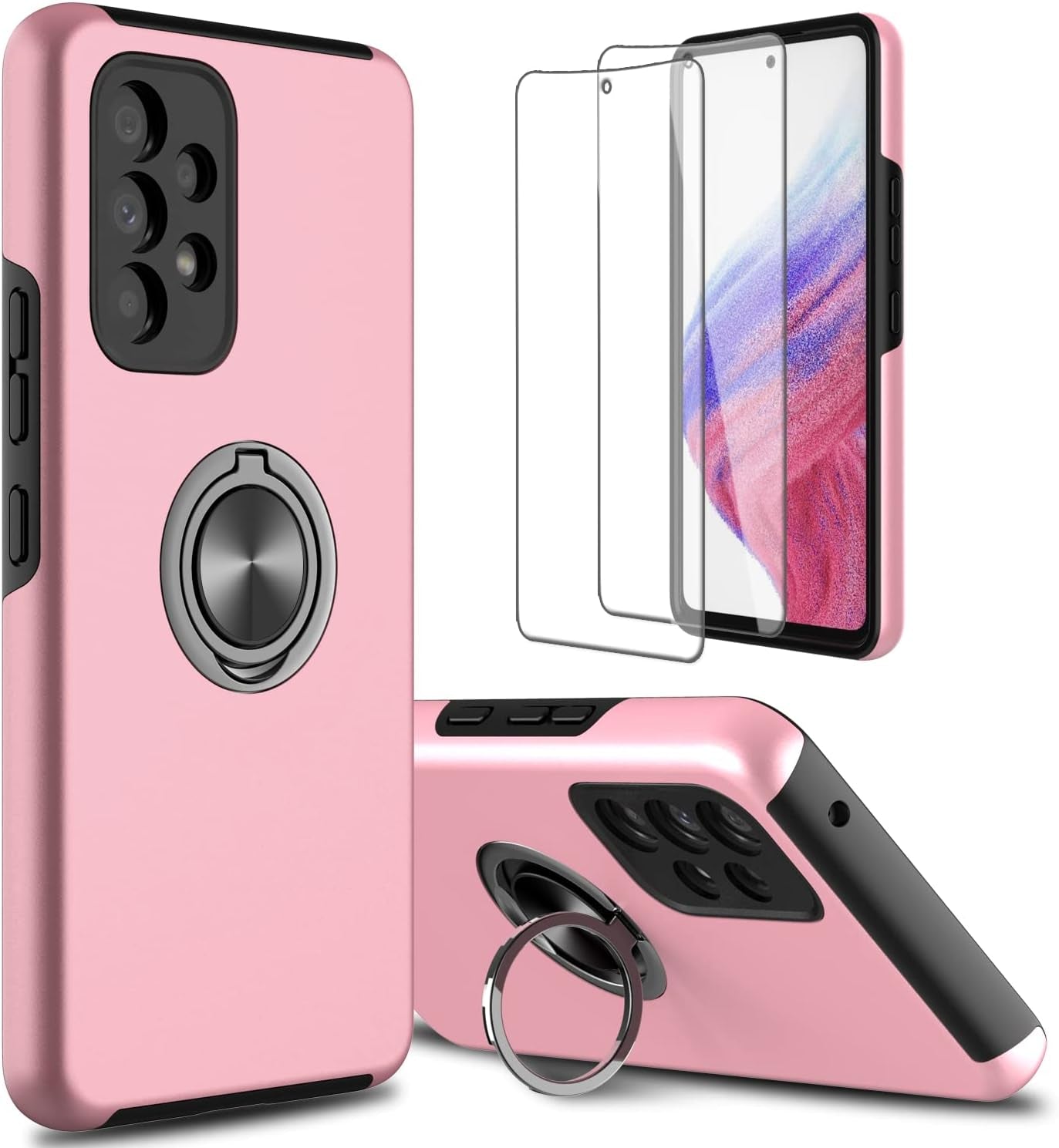 For Samsung Galaxy A53 5G Phone Case with TPU Screen Protector, Ring Holder Kickstand Drop Proof Protective Slim Hard Dual Layer Stand Non-Slip Tough Cover Cell Phone Case (Green)