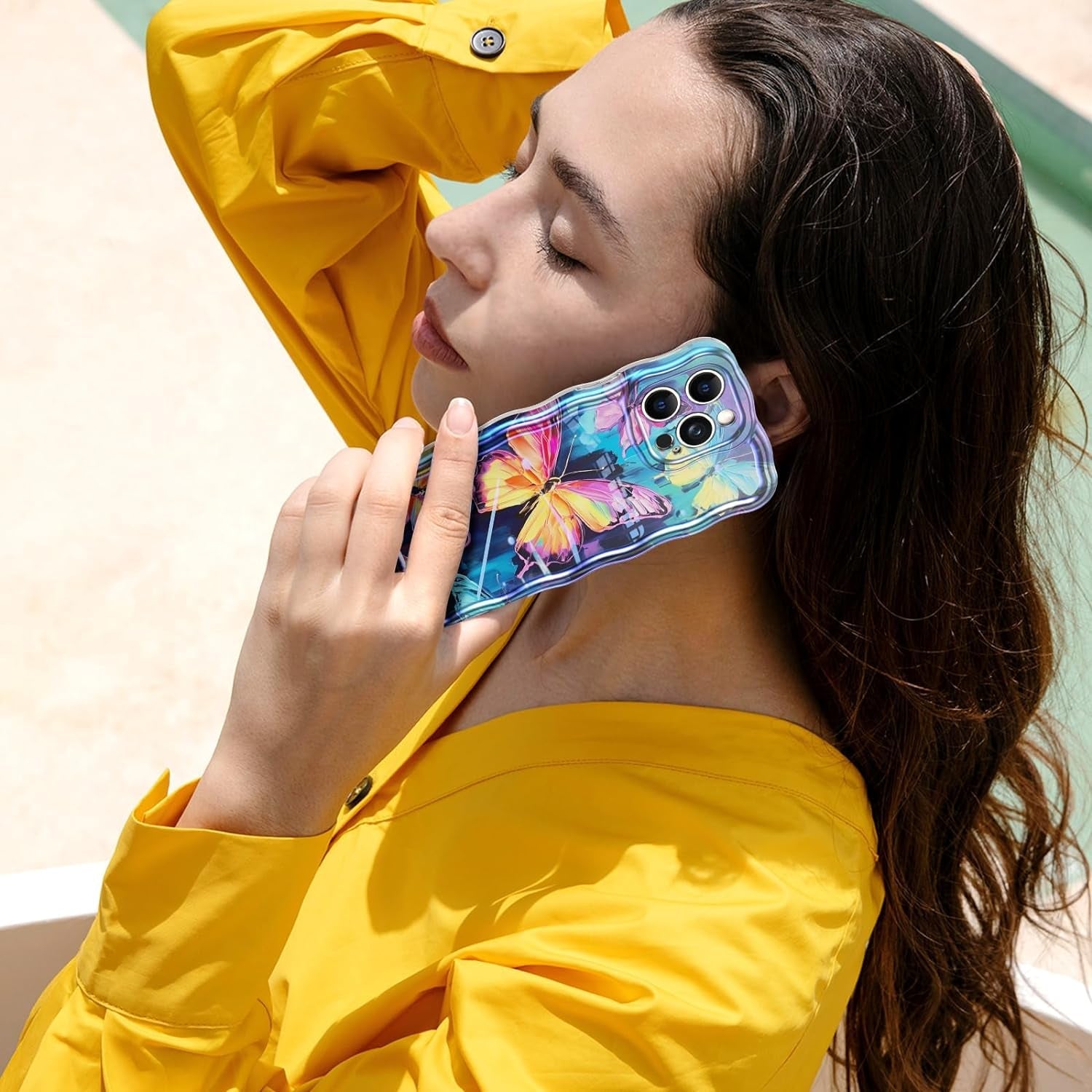 LONTECT for Iphone 14 Pro Max Case Shockproof Slim Full Body Protective Cute Curly Wave Border Camera Protection Cover+Flower Beads Chain Girls Women Case for Apple Iphone 14 Pro Max,Pink Butterfly  Lontect   