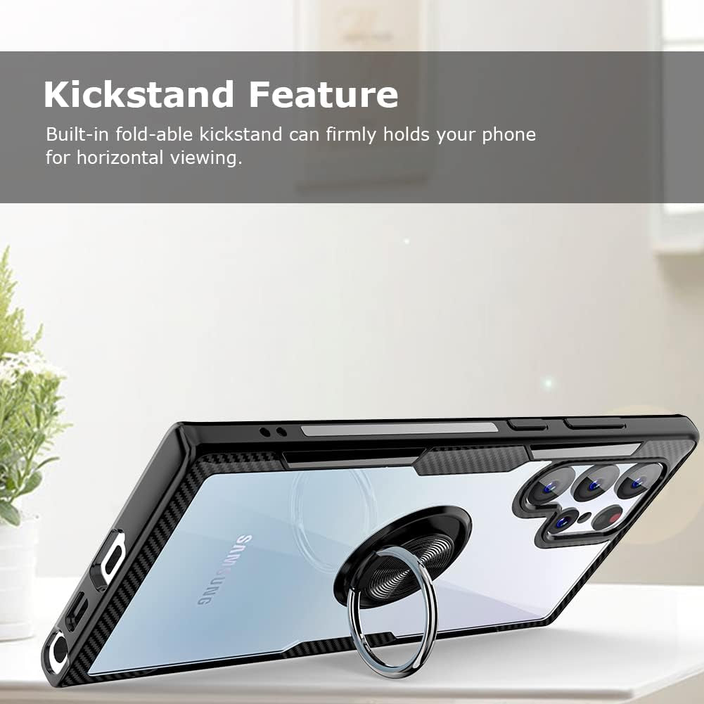 Galaxy S22 Ultra Case with 9H Tempered Glass Camera Screen Protector, Carbon Fiber Design Crystal Clear Cover with Rotation Ring Kickstand [Work with Magnetic Car Mount] for Samsung Galaxy S22 Ultra