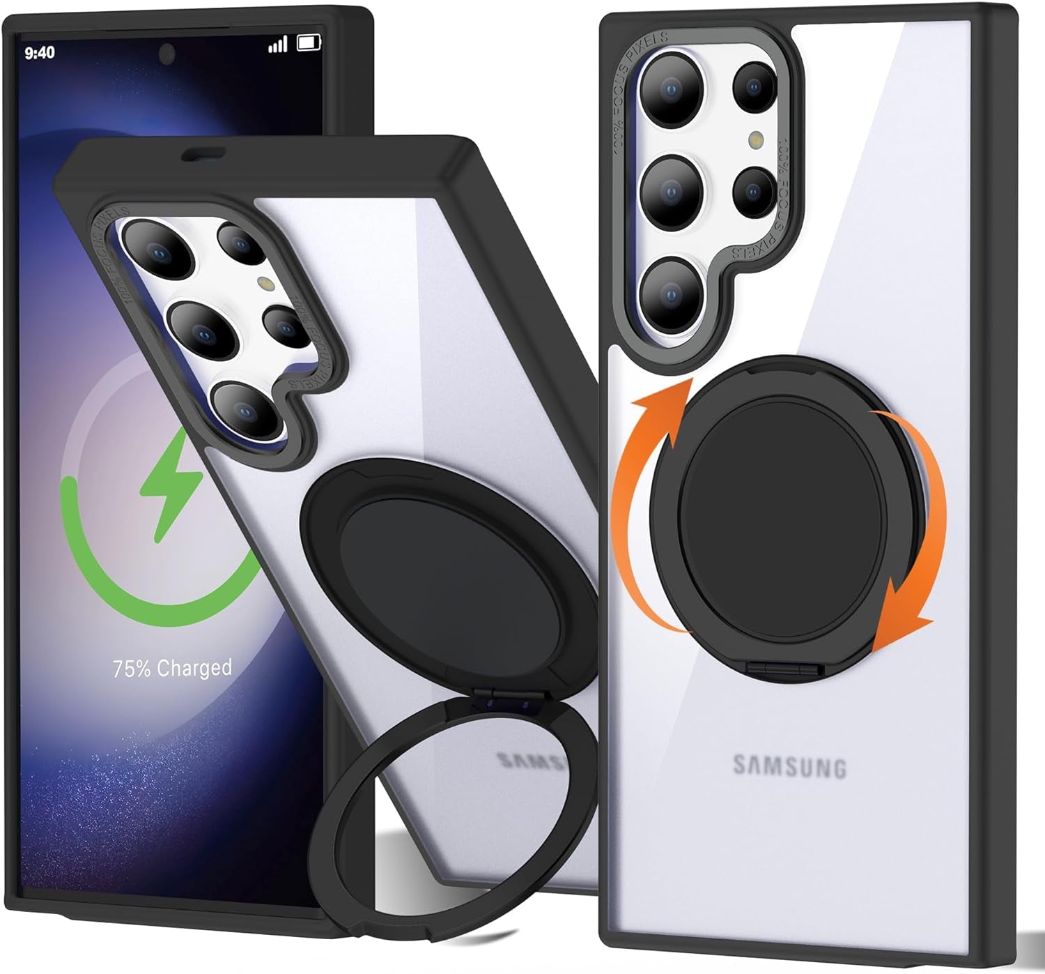 For Samsung Galaxy S24 plus Case with 360° Rotatable Magnetic Ring Stand [Compatible Magsafe] [Military Grade Tested] Translucent Matte Galaxy S24 plus Phone Case for Women Men 6.7'', Blue