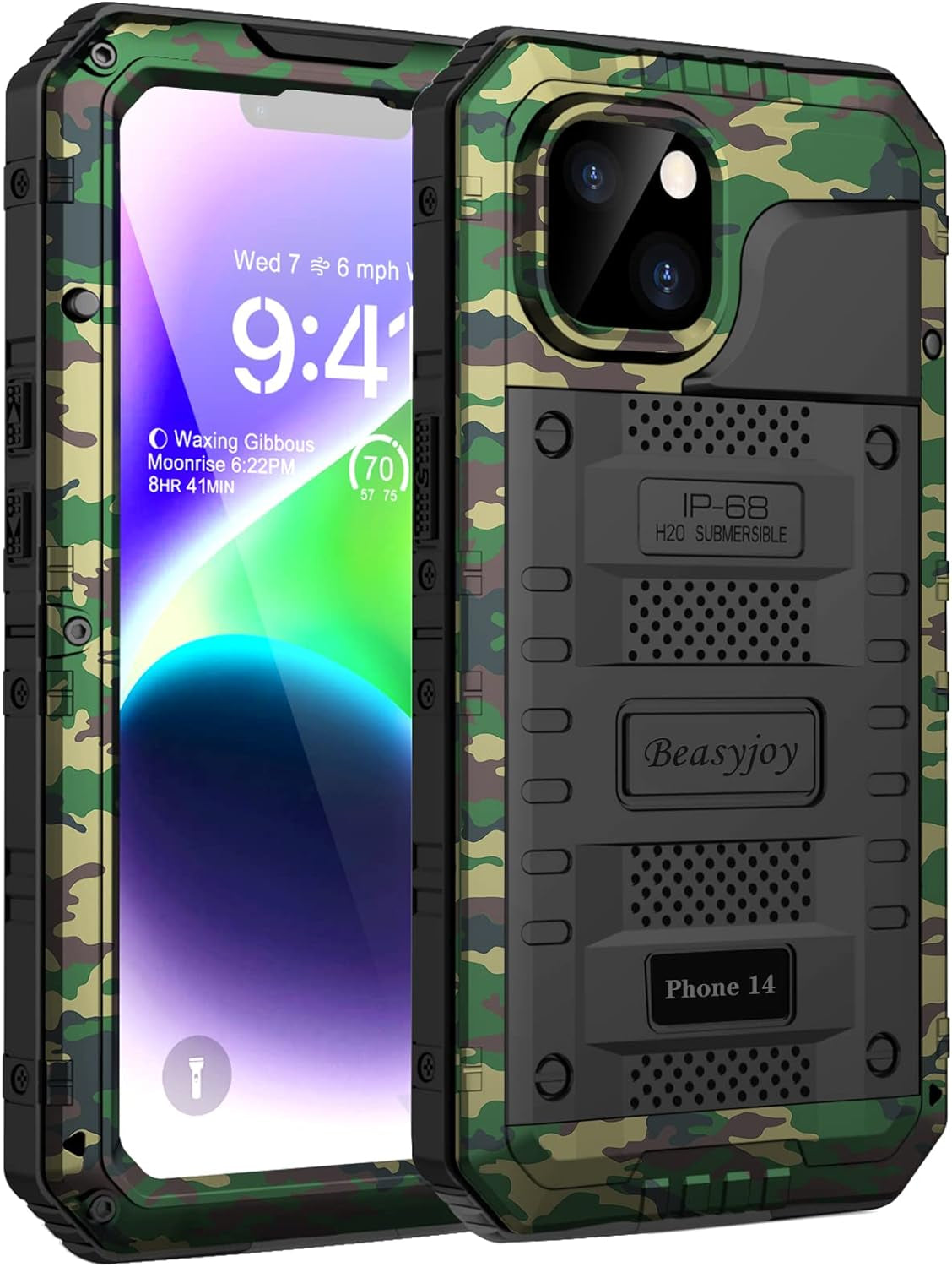 Beasyjoy Waterproof Case for Iphone 14 Pro, Metal Full Body Sealed Phone Case with Built-In Screen Protector, Military Grade Heavy Duty Defender Armor Shockproof Rugged Case 6.1 Inch, Camo  Beasyjoy   