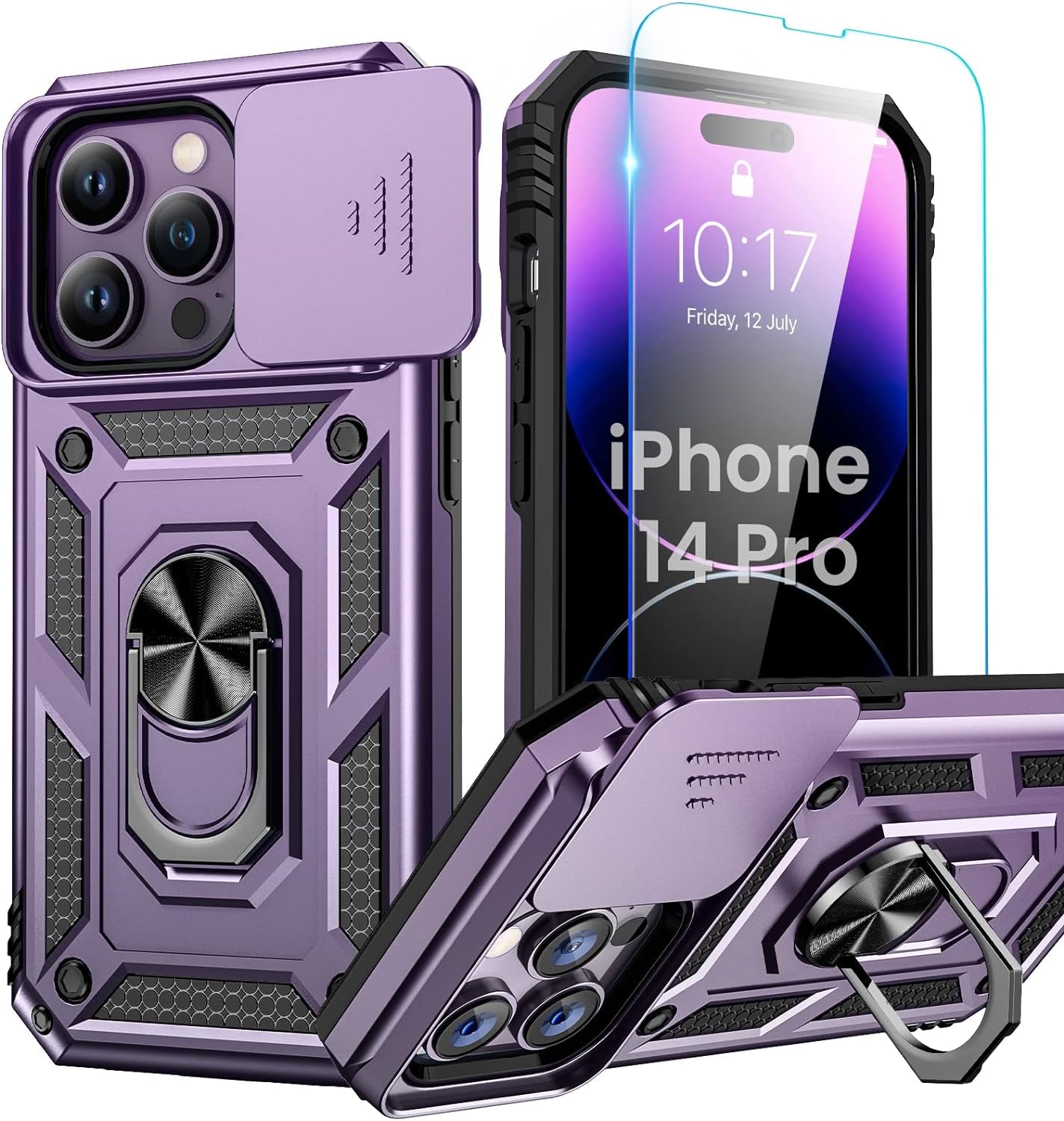 Goton for Iphone 14 Pro Case with Screen Protector - Slide Camera Cover Phone Case with Ring Stand, Heavy Duty Military Grade Shockproof Rugged Bumper for Iphone 14 Pro Accessories Dark Purple  Yin-Goton Dark Purple Only For Iphone 14 Pro 