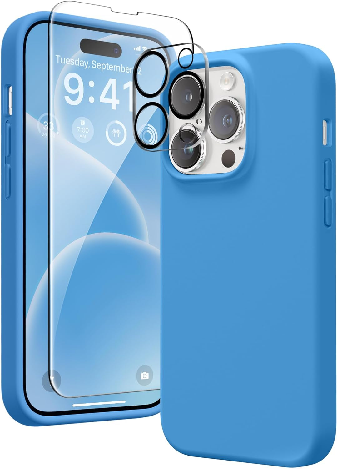 GONEZ for Iphone 14 Pro Case, with 2 Pack Screen Protector + 2 Pack Camera Lens Protector, Soft Anti-Scratch Microfiber Lining, Shockproof Protective Liquid Silicone Phone Cover 6.1'', Blue  GONEZ   