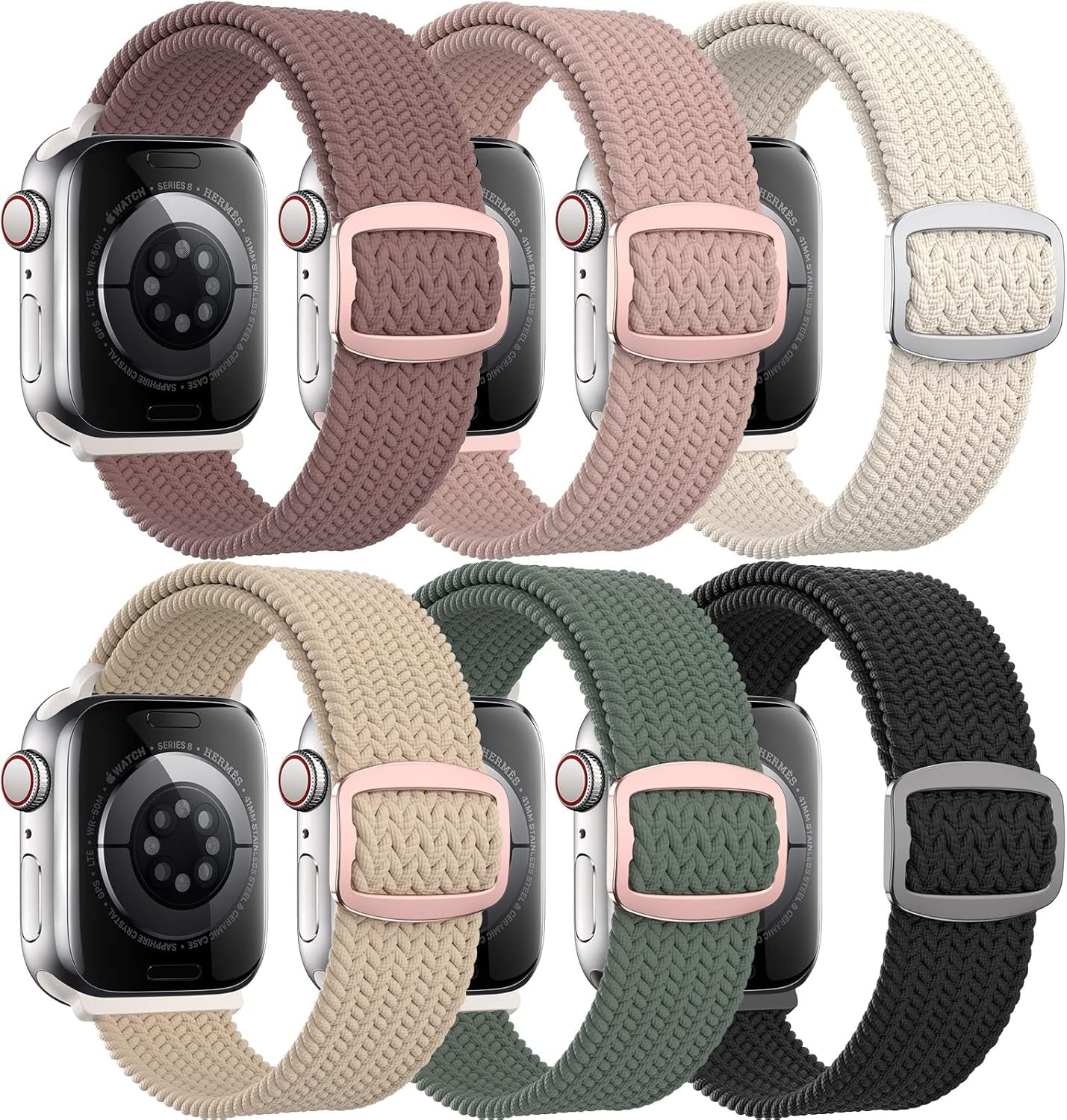 Bling Nylon Stretchy Bands Compatible with Apple Watch Bands 38Mm 40Mm 41Mm 42Mm 44Mm 45Mm 49Mm for Women Girls, Adjustable Braided Solo Loop Sport Bands for Iwatch Series 9 8 7 6 SE 5 4 3 2 1, 6 Packs