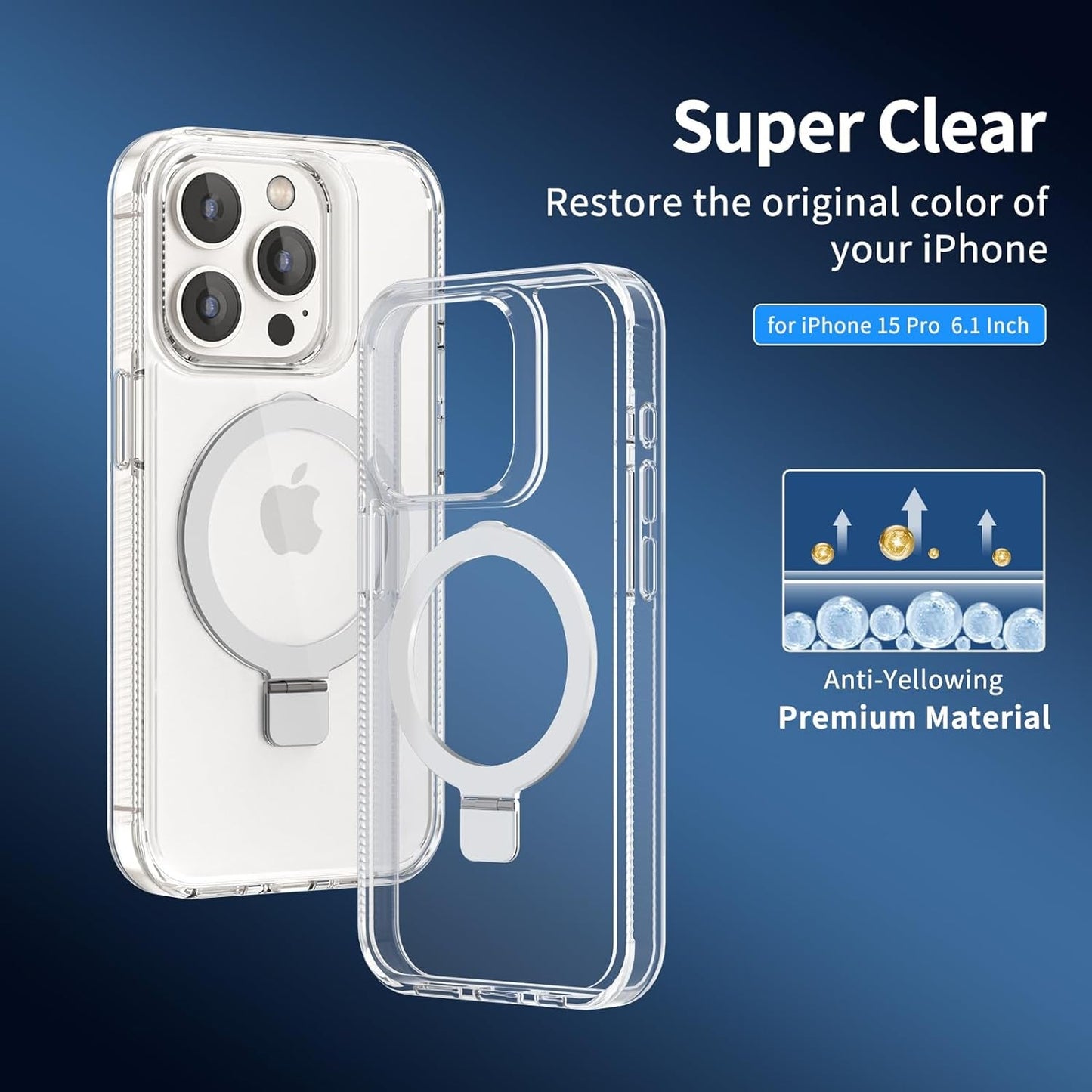 Nebulium for Iphone 15 Pro Case with Stand Magnetic, Invisible Stand Clear Slim Shockproof Drop Protective Phone Case 6.1 Inch, [Anti-Yellowing] [Military Drop Protection] [Compatible with Magsafe]  nebulium   