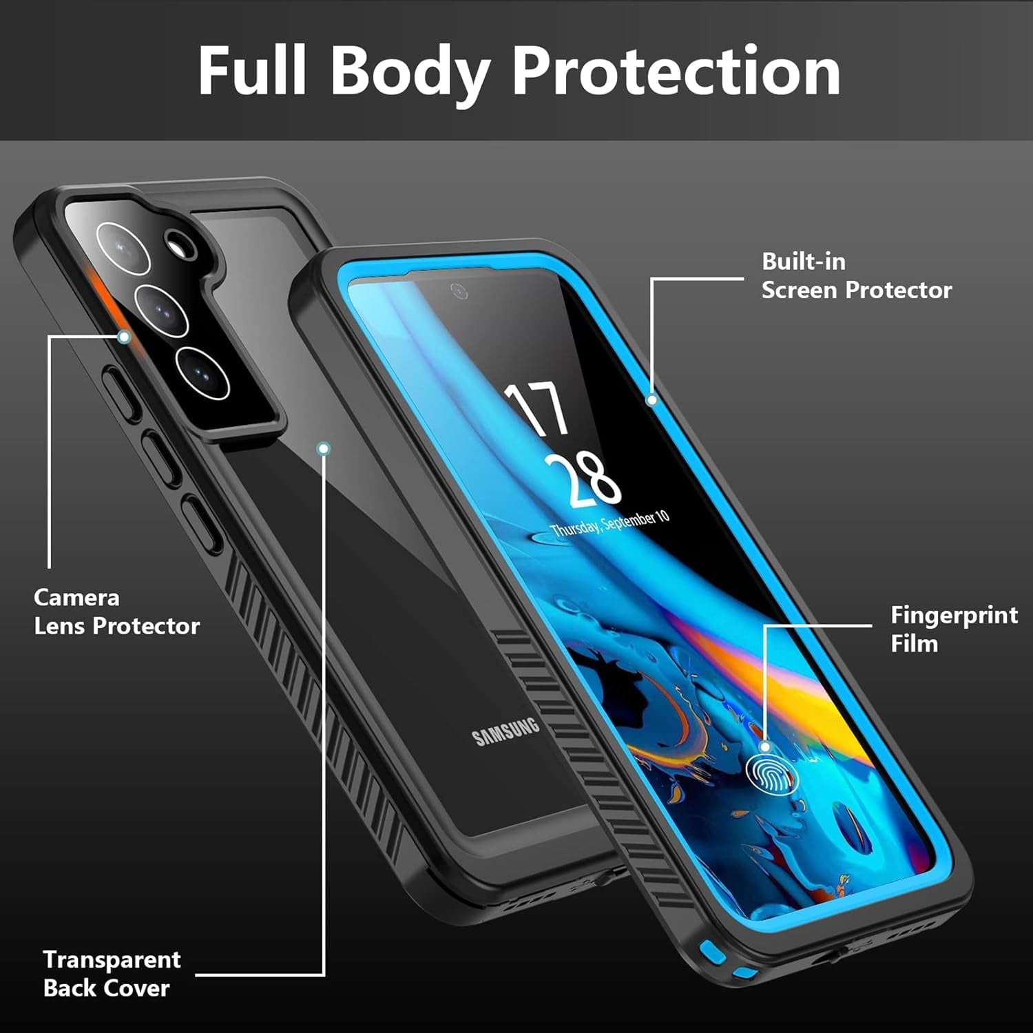 For Samsung Galaxy S22+Plus Case Waterproof Shockproof,Galaxy S22 plus Case with Built-In Screen Protector 360 Full Body Heavy Rugged Samsung S22+Plus Protective Case(Blue/Clear)