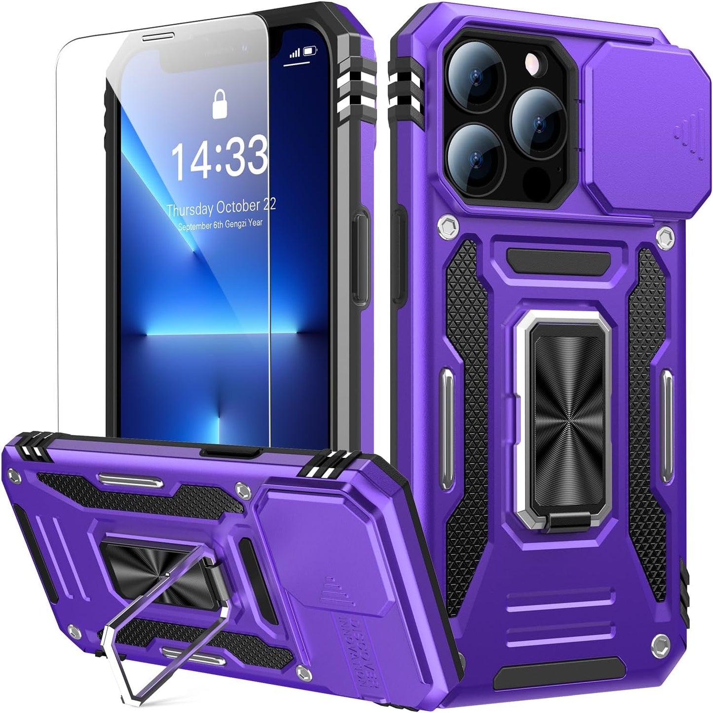 Goodon for Iphone 14 Pro Max Case with Slide Camera Cover + Screen Protector, Built in Rotated Ring Magnetic Kickstand Military Grade Shockproof Protective Phone Case 6.7" Pale - Green  Goodon Purple Iphone 14 Pro 6.1" 
