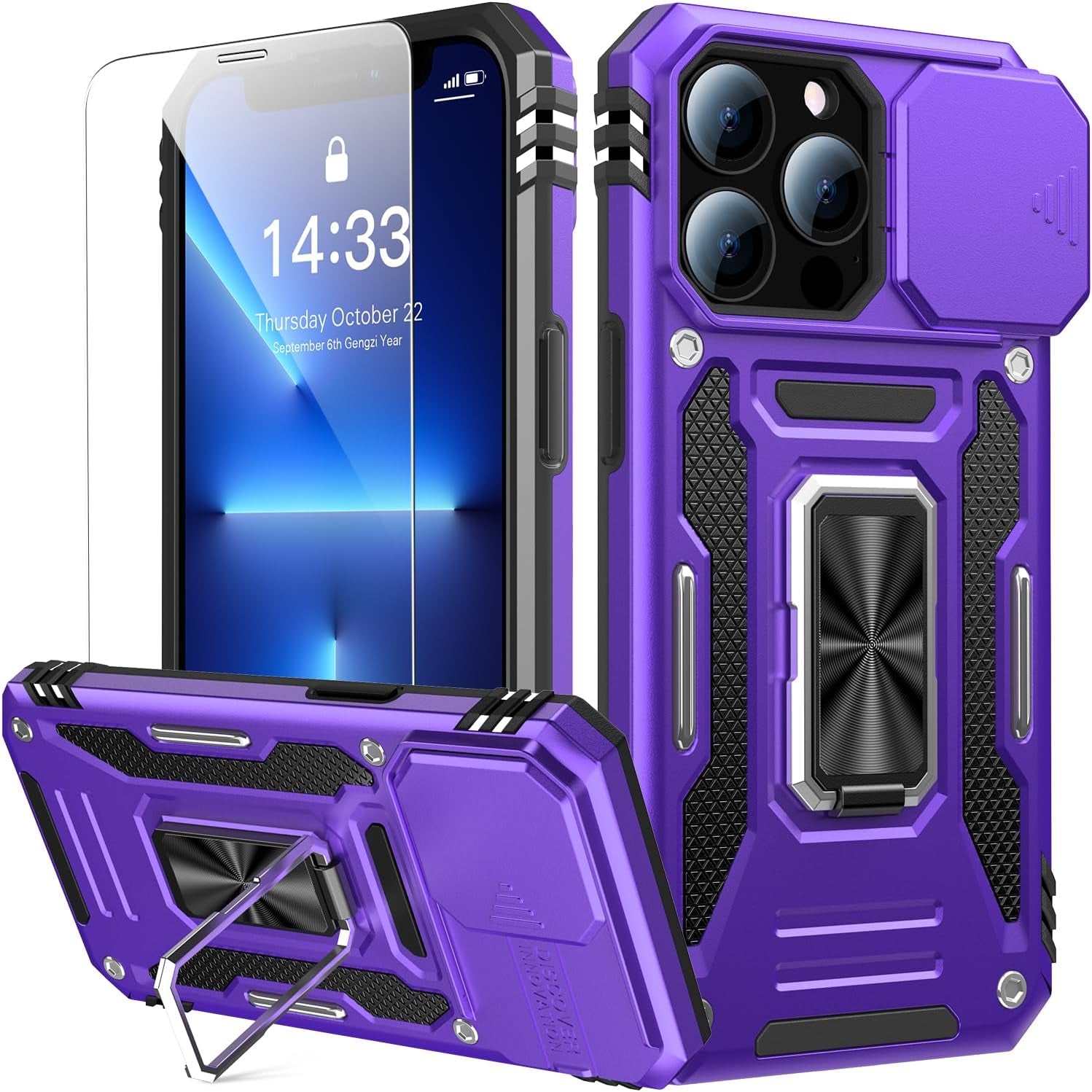 Goodon for Iphone 14 Pro Max Case with Slide Camera Cover + Screen Protector, Built in Rotated Ring Magnetic Kickstand Military Grade Shockproof Protective Phone Case 6.7" Pale - Green  Goodon Purple Iphone 14 Pro Max 6.7" 