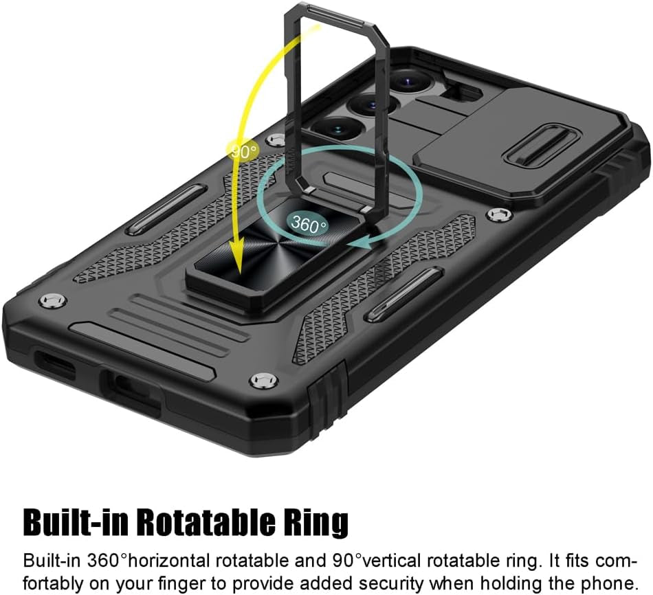 For Samsung Galaxy S22 Case, Shockproof Phone Case & Sliding Camera Cover & Ring Holder Kickstand with Screen Protector for Samsung Galaxy S22 5G (6.1", 2022) [Black]