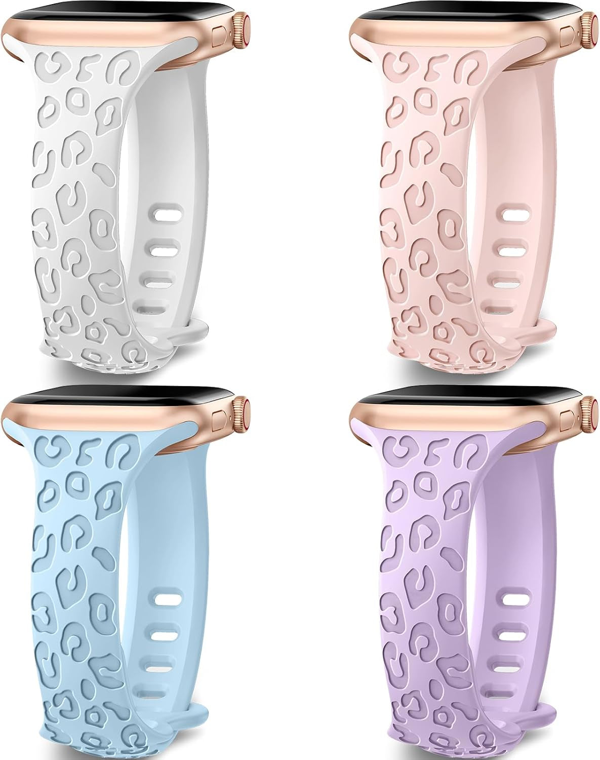 4-Pack Leopard Engraved Band Compatible with Apple Watch Bands 38Mm 40Mm 41Mm 44Mm 45Mm 42Mm Women, Thin Slim Sport Wristbands for Iwatch Ultra/Ultra 2 Series 9 8 7 6 5 4 3 2 1 SE