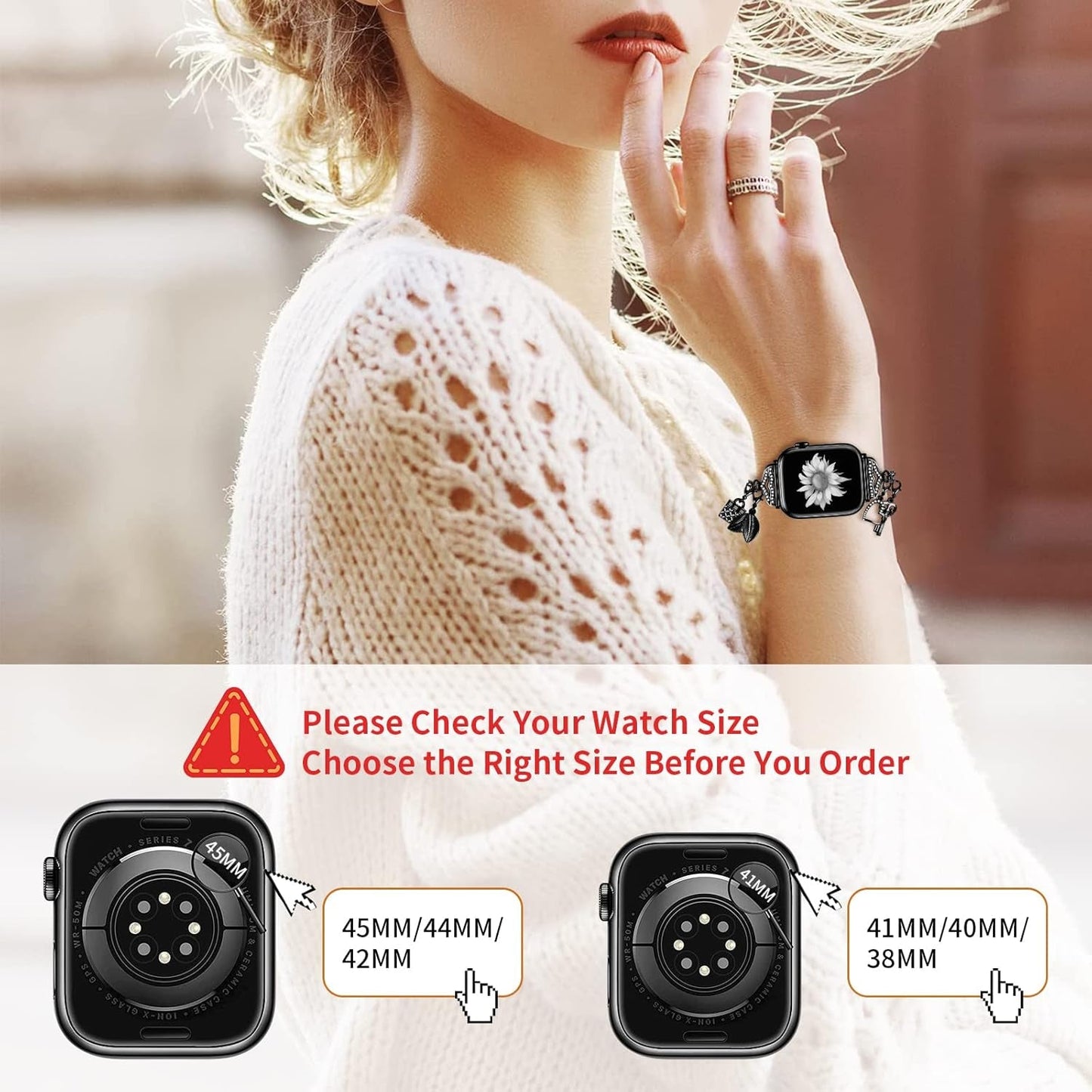 Bling Band Compatible with Apple Watch 49Mm 45Mm 44Mm 42Mm, Metal Jewelry Watch Strap for Ultra/Series SE 9 8 7 6 5 4 3 2 1 Interchangeable Charms Dressy Bracelet for Women (Black)