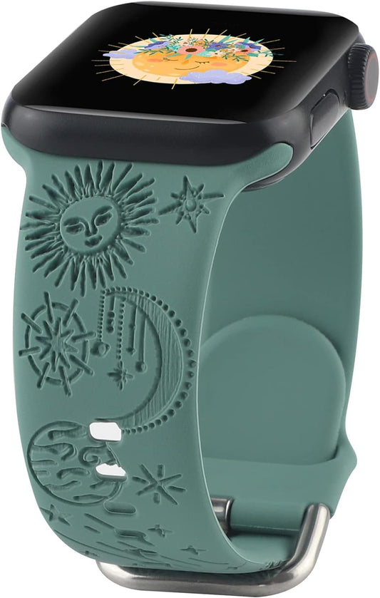 Crescent Sun and Moon Engraved Silicone Band Compatible with Apple Watch 38Mm 40Mm 41Mm for Women Men,Celestial Boho Laser Printed Soft Silicone Sport Wristbands Replacement Strap with Classic Clasp for Iwatch Series SE 9 8 7 6 5 4 3 2 1